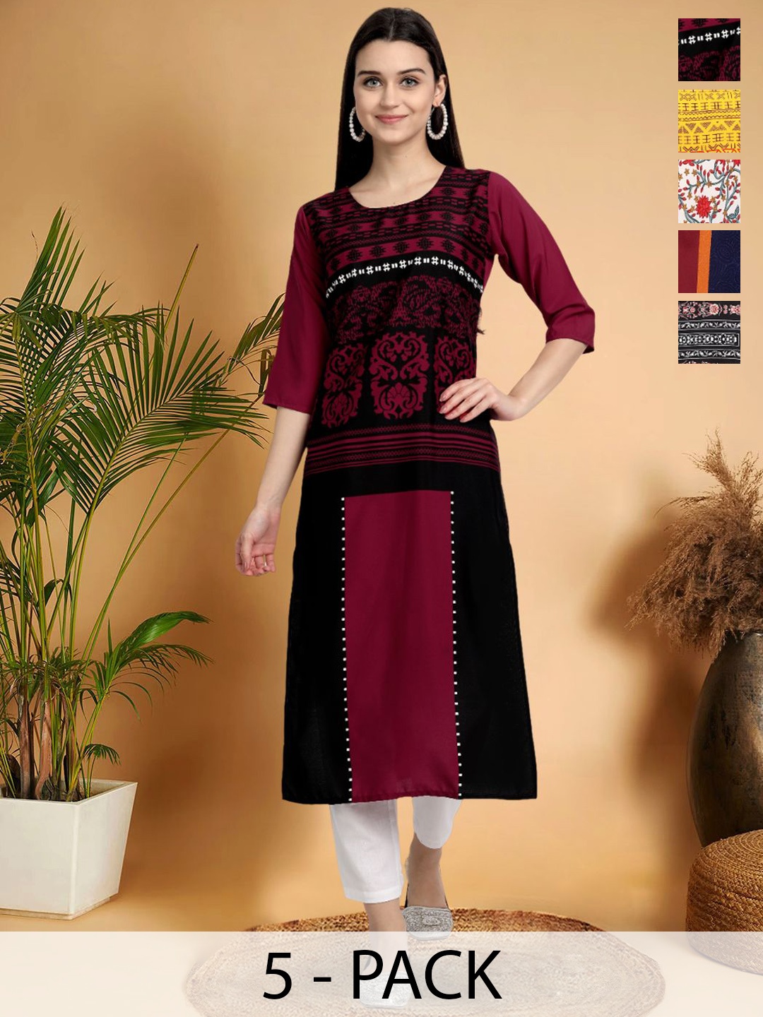 

7Threads Selection Of 5 Ethnic Motifs Printed Round Neck Straight Kurtas, Red
