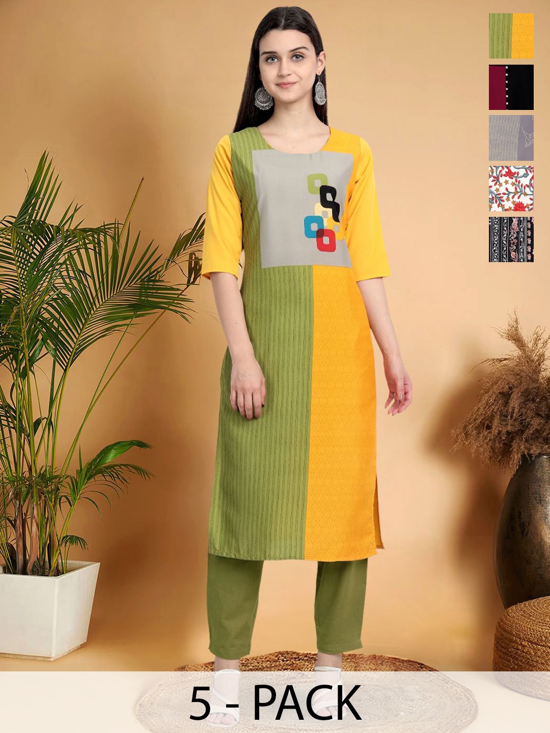 

7Threads Selection Of 5 Geometric Printed Round Neck Straight Kurtas, Green