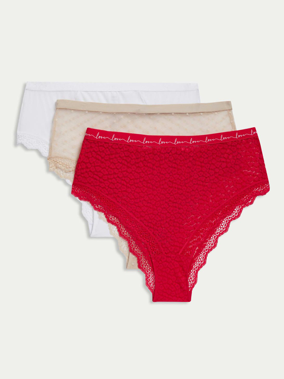 

Marks & Spencer Pack Of 3 Laced High Waisted Hipster Briefs, Red