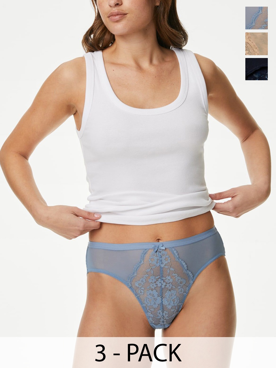 

Marks & Spencer Pack Of 3 Lace Bikini Briefs, Blue