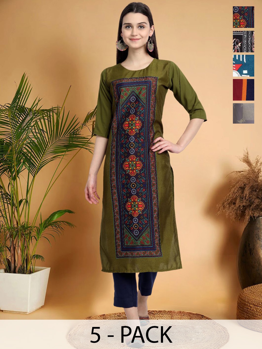 

7Threads Selection Of 5 Ethnic Motifs Printed Round Neck Straight Kurtas, Green