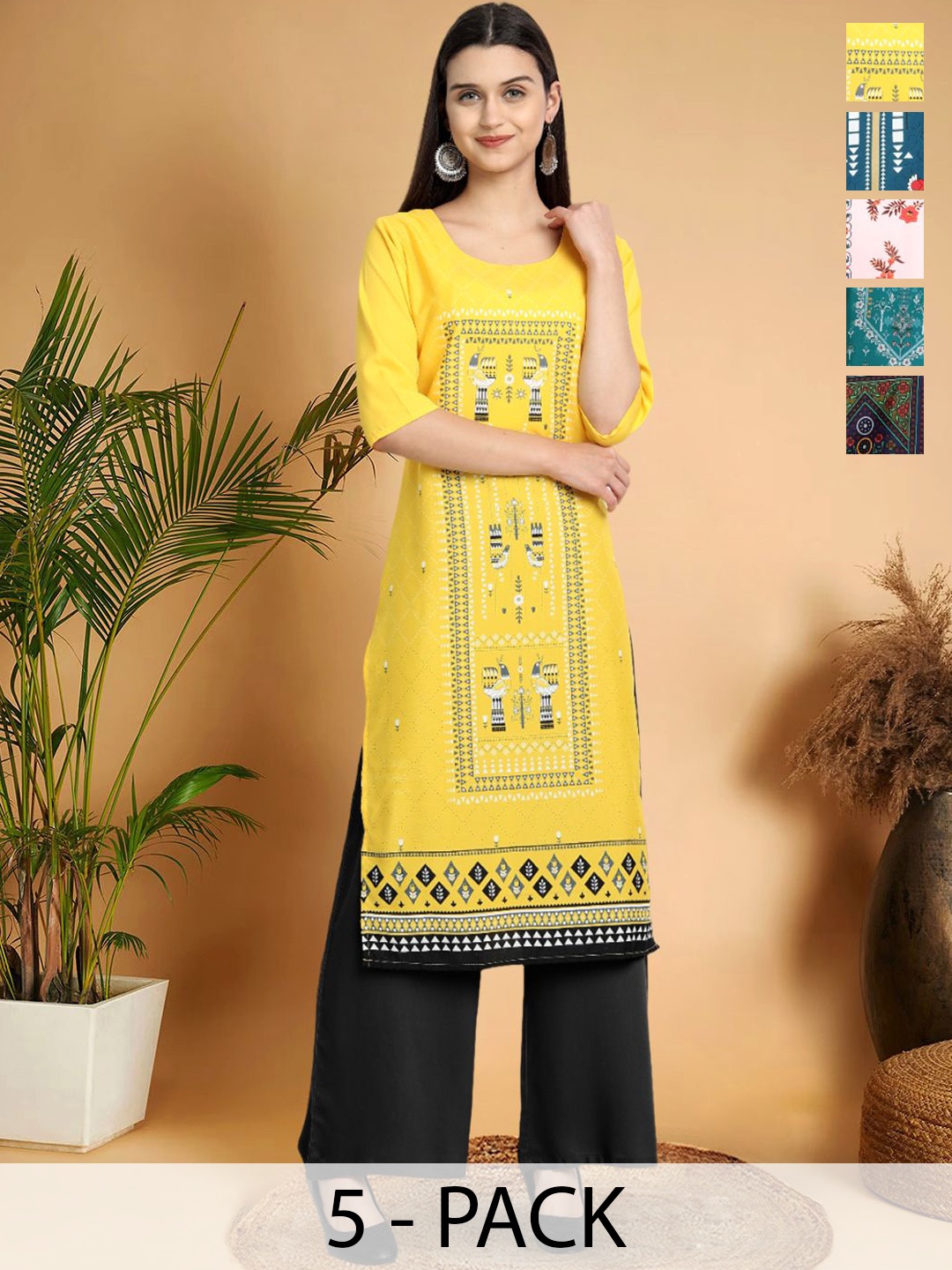 

7Threads Selection Of 5 Ethnic Motifs Printed Round Neck Straight Kurtas, Yellow