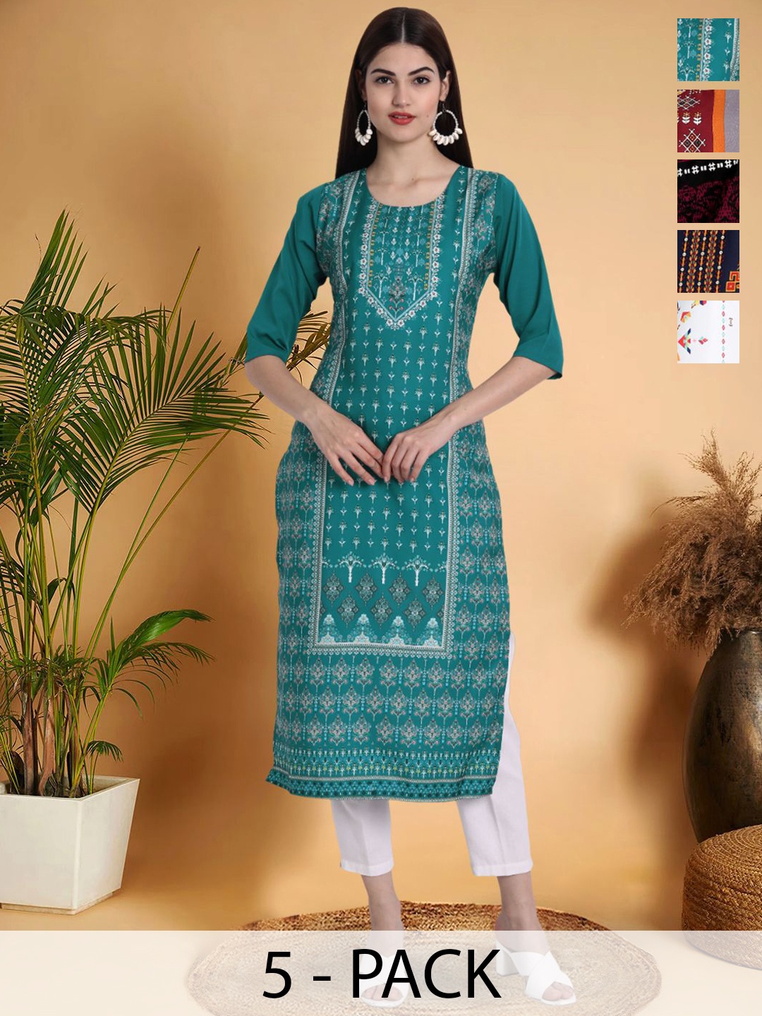 

7Threads Selection Of 5 Ethnic Motifs Printed Round Neck Straight Kurtas, Blue