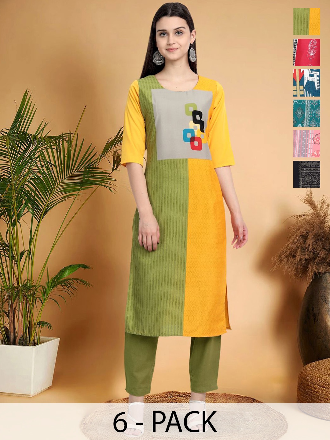 

7Threads Selection Of 6 Geometric Printed Round Neck Straight Kurtas, Yellow