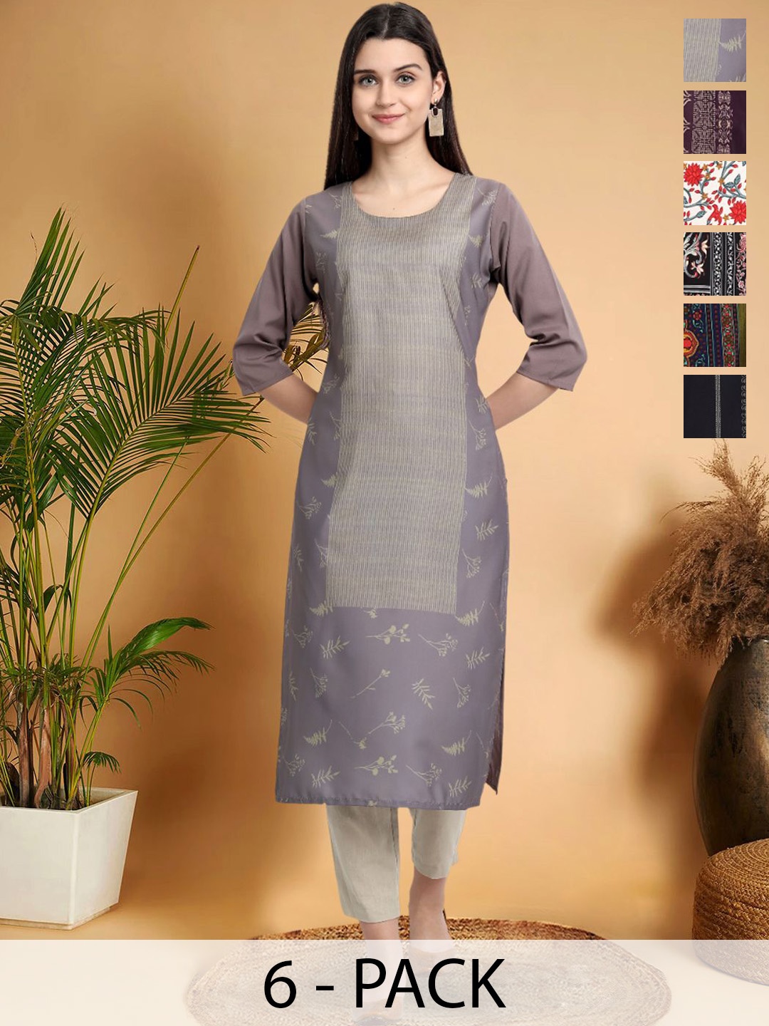 

7Threads Selection Of 6 Ethnic Motifs Printed Round Neck Kurtas, Grey