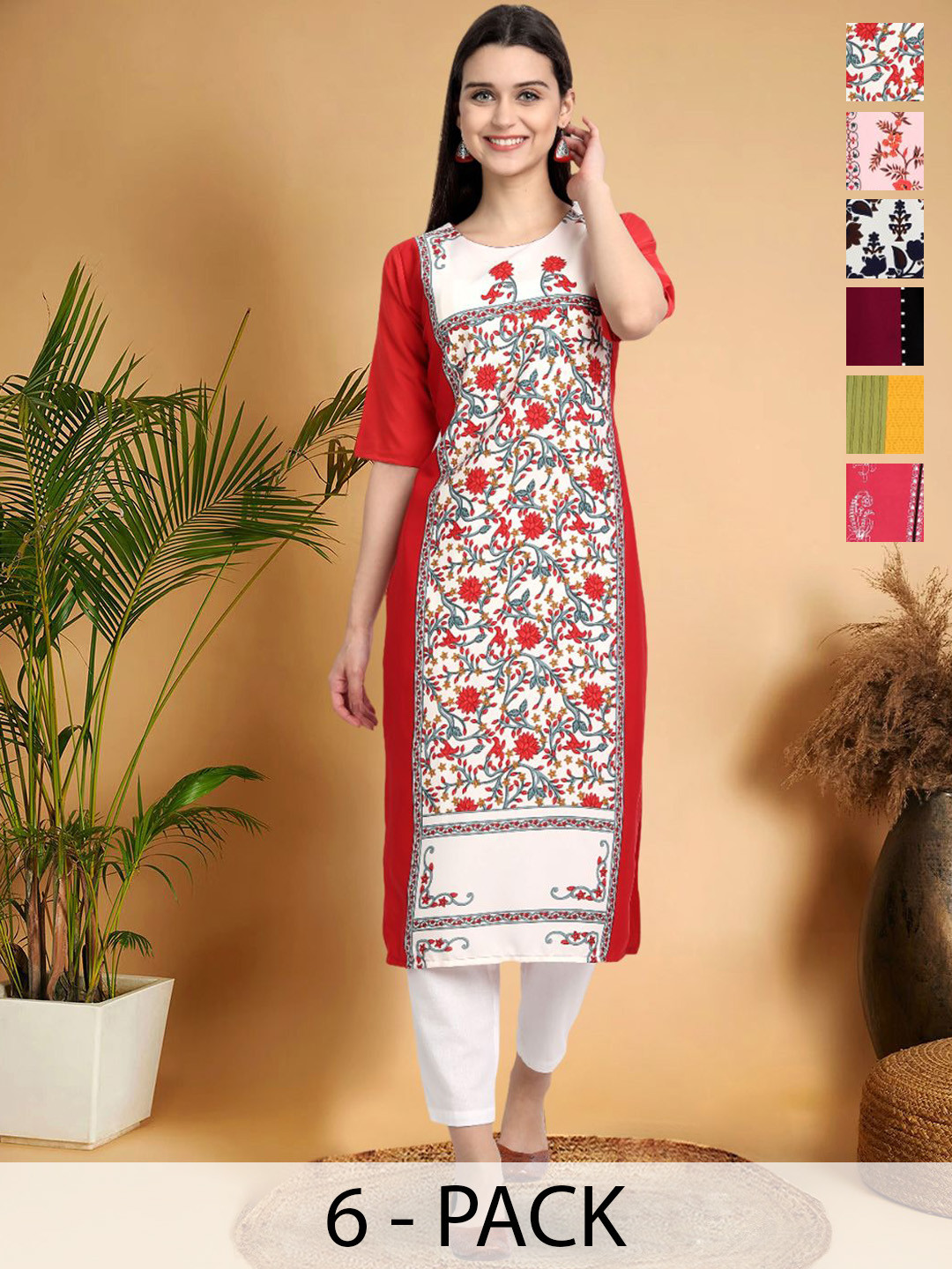 

7Threads Selection Of 6 Floral Printed Round Neck Kurtas, White