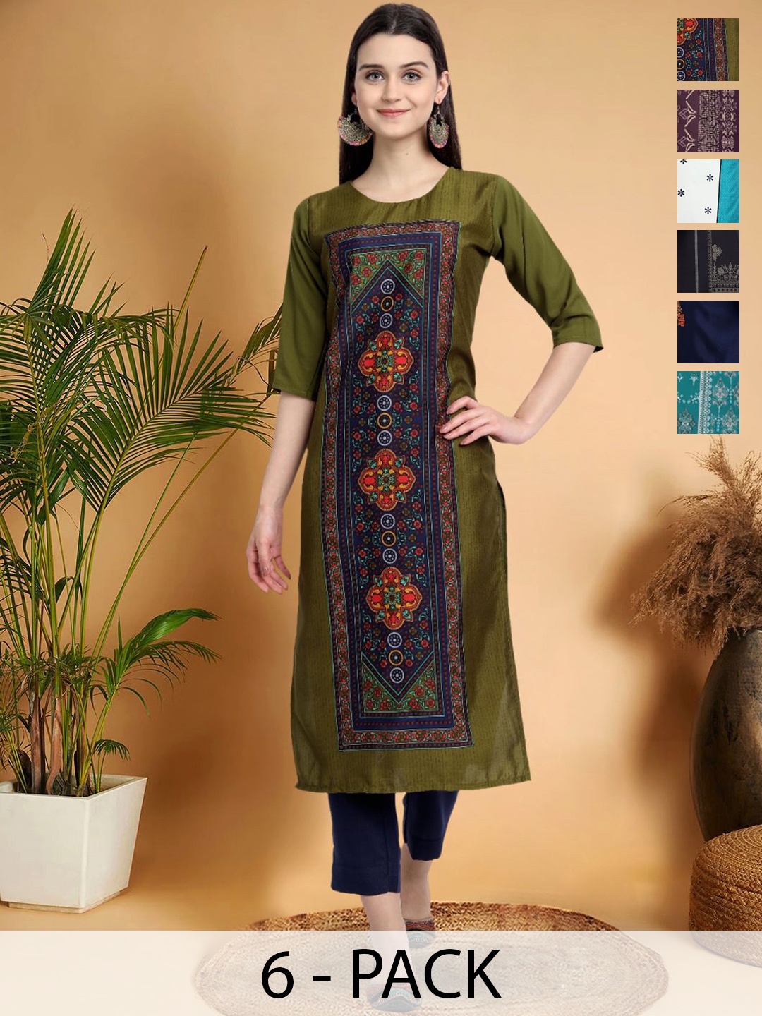 

7Threads Selection Of 6 Ethnic Motifs Printed Round Neck Kurtas, Green