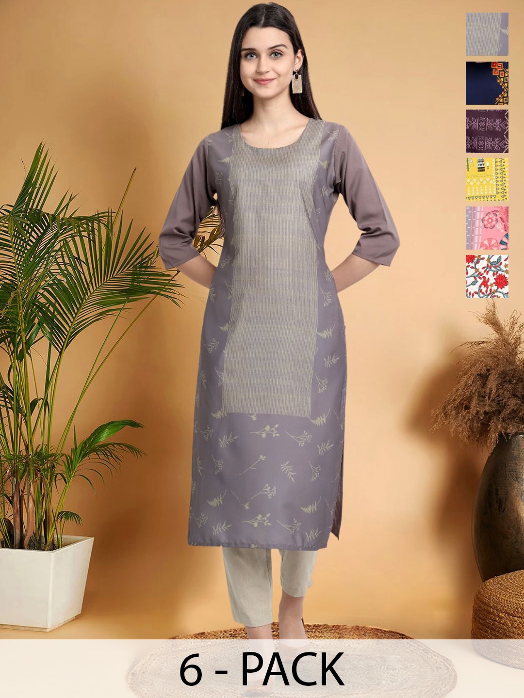 

7Threads Selection Of 6 Ethnic Motifs Printed Round Neck Kurtas, Grey