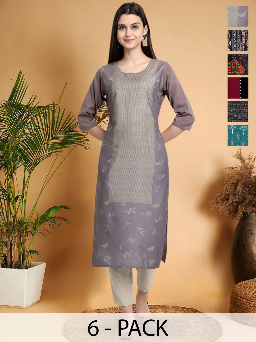 

7Threads Selection Of 6 Ethnic Motifs Printed Round Neck Kurtas, Grey