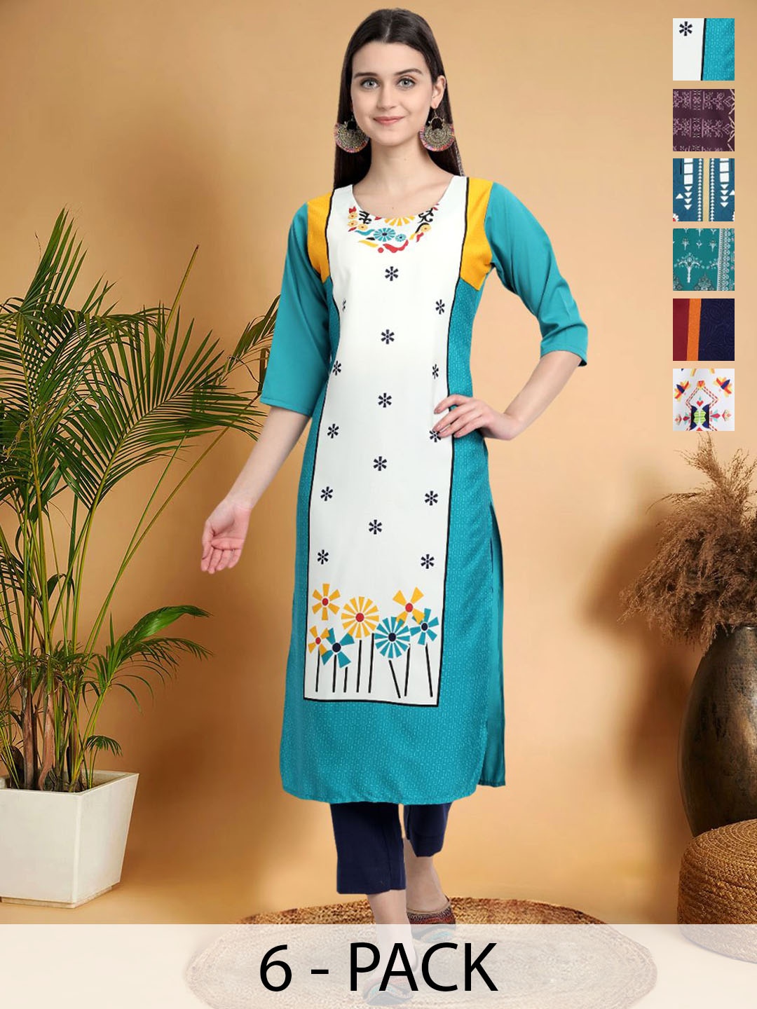 

7Threads Selection Of 6 Ethnic Motifs Printed Round Neck Kurtas, White