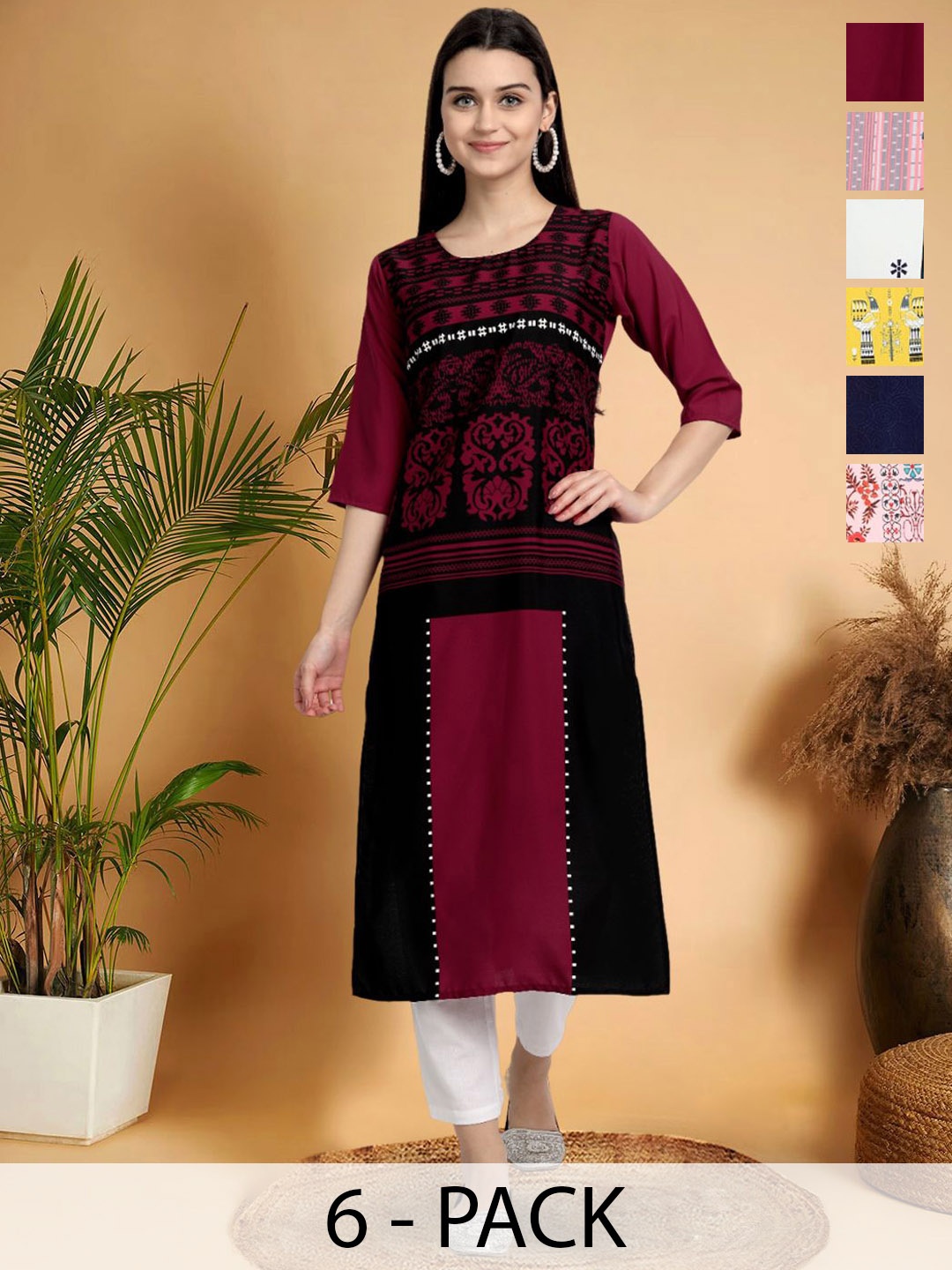 

7Threads Selection Of 6 Ethnic Motifs Printed Round Neck Kurtas, Maroon