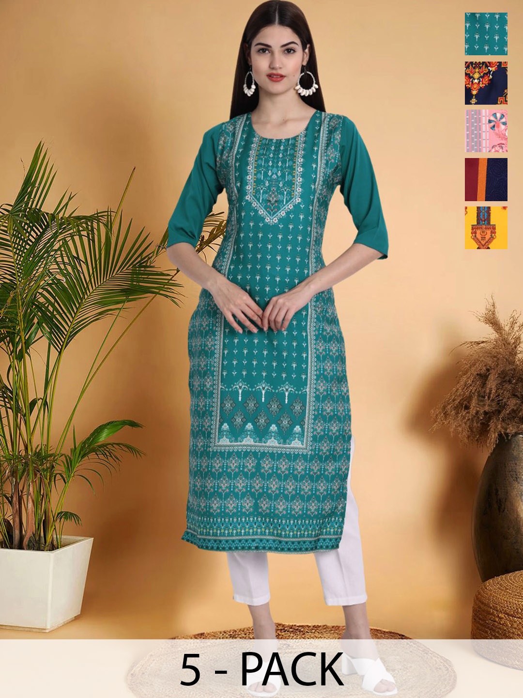 

7Threads Selection Of 5 Ethnic Motifs Printed Round Neck Kurtas, Teal