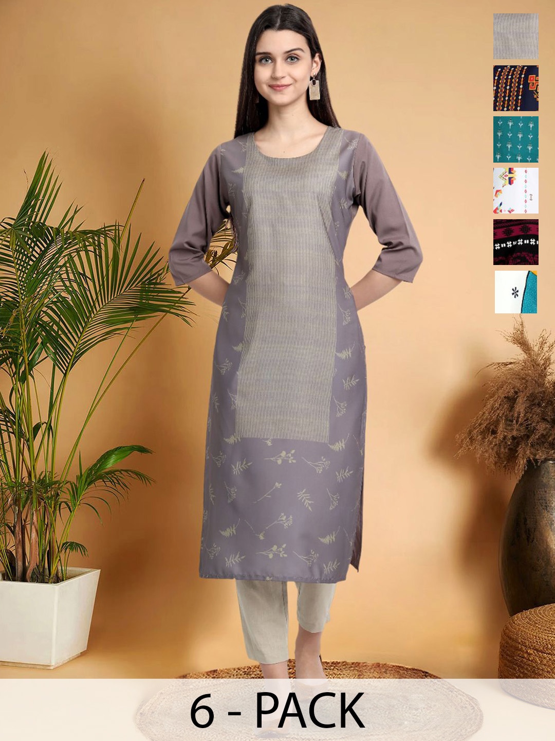 

7Threads Selection Of 6 Ethnic Motifs Printed Round Neck Kurtas, Grey