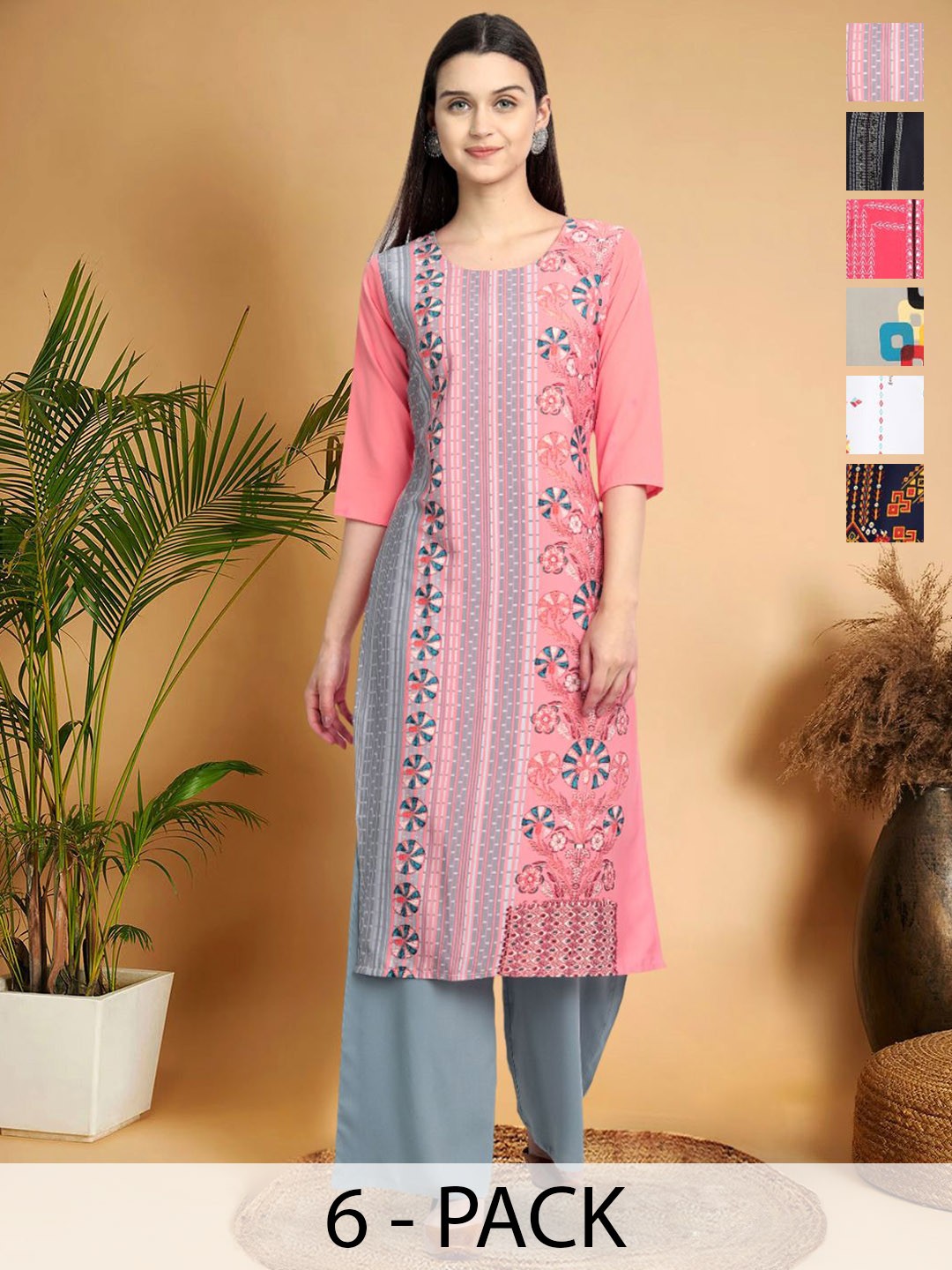 

7Threads Selection Of 6 Ethnic Motifs Printed Round Neck Kurtas, Pink