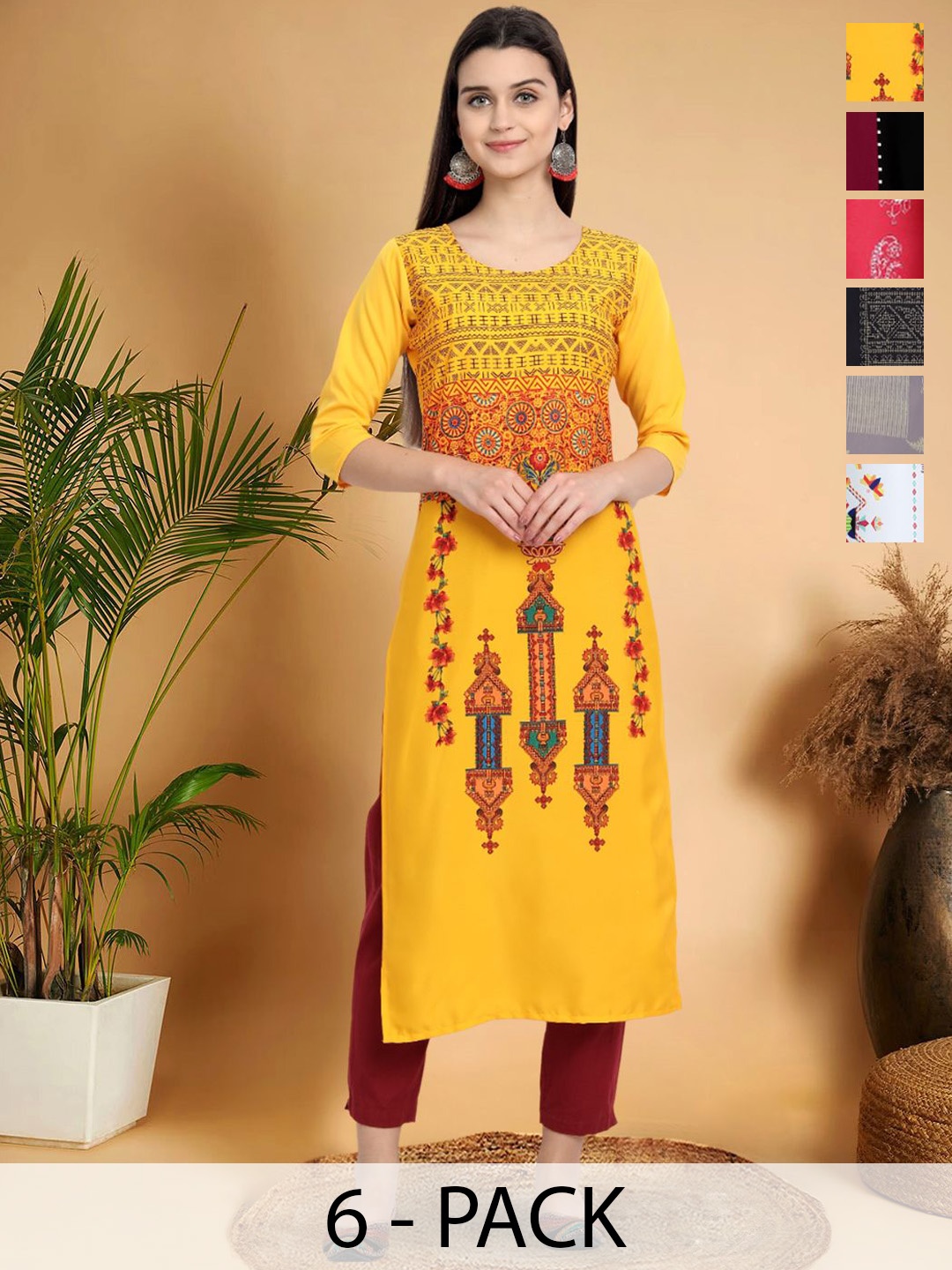 

7Threads Selection Of 6 Ethnic Motifs Printed Round Neck Kurtas, Yellow
