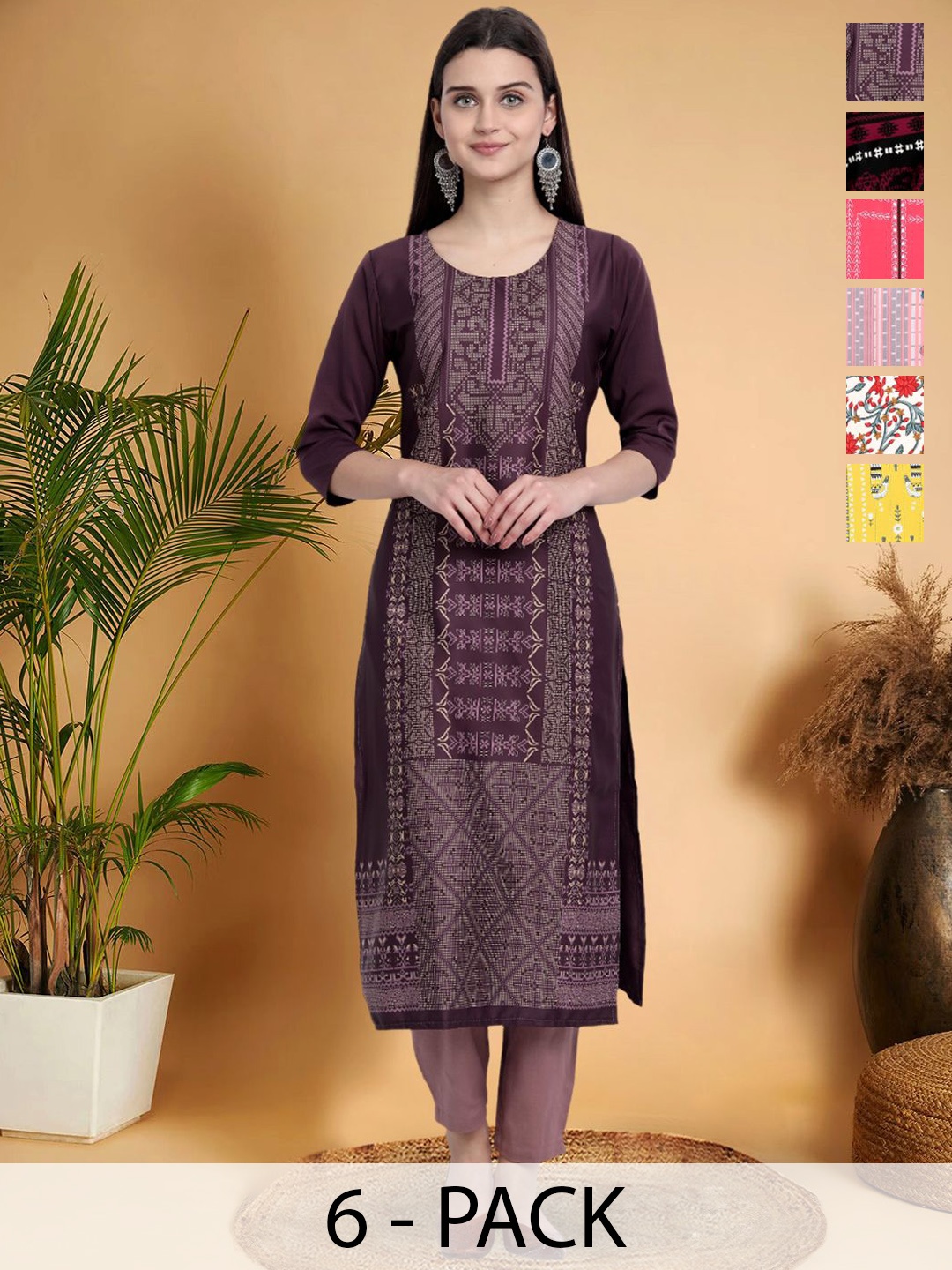 

7Threads Selection Of 6 Ethnic Motifs Printed Round Neck Kurtas, Purple