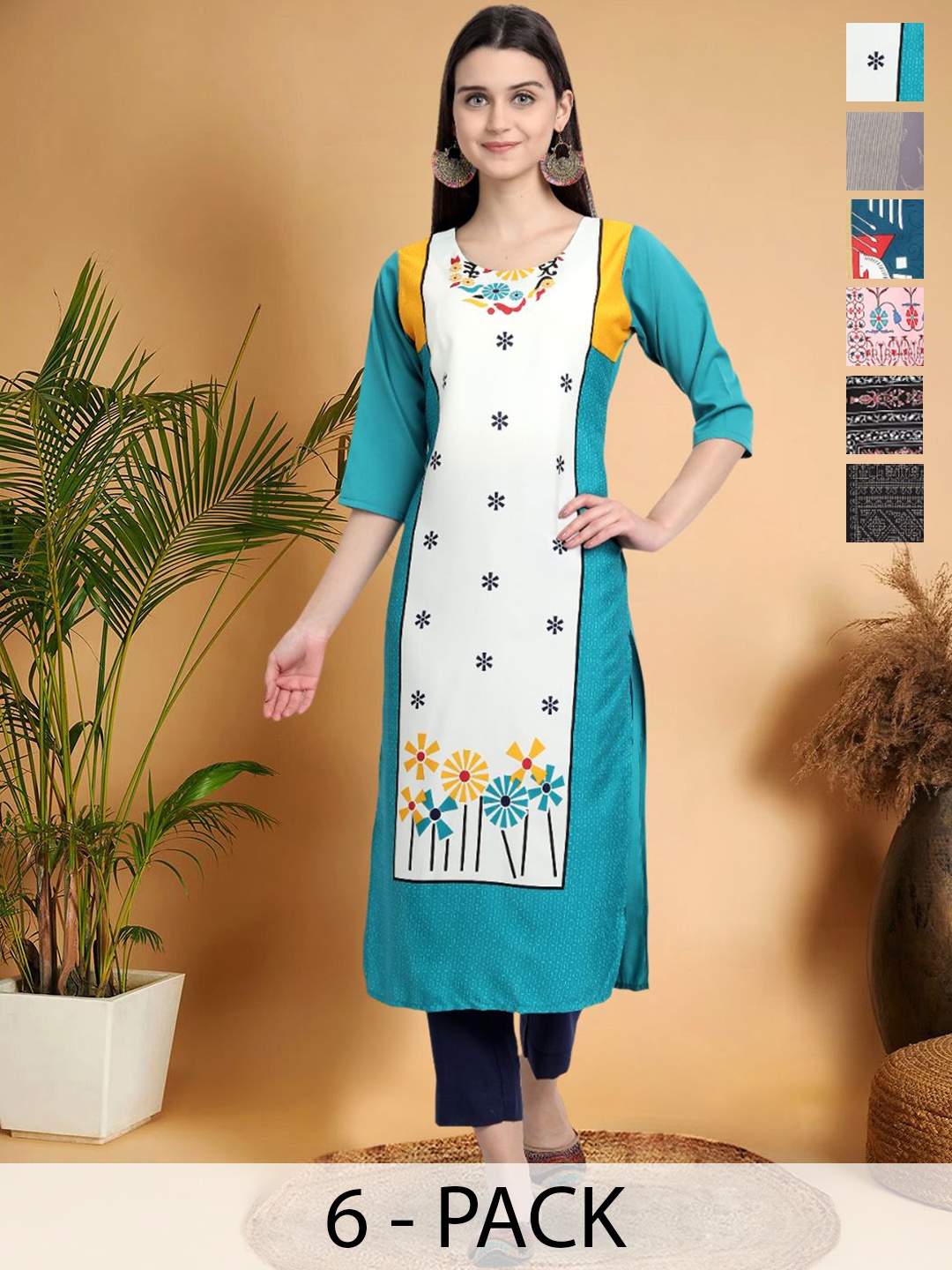 

7Threads Selection Of 6 Ethnic Motifs Printed Round Neck Kurtas, White