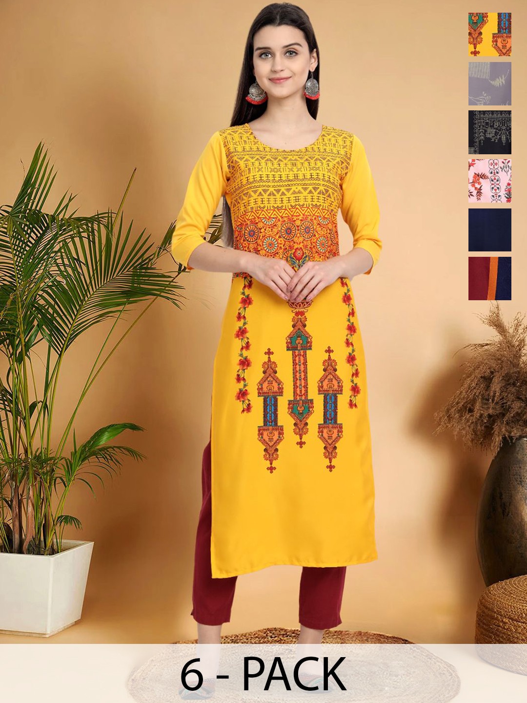 

7Threads Selection Of 6 Ethnic Motifs Printed Round Neck Kurtas, Yellow