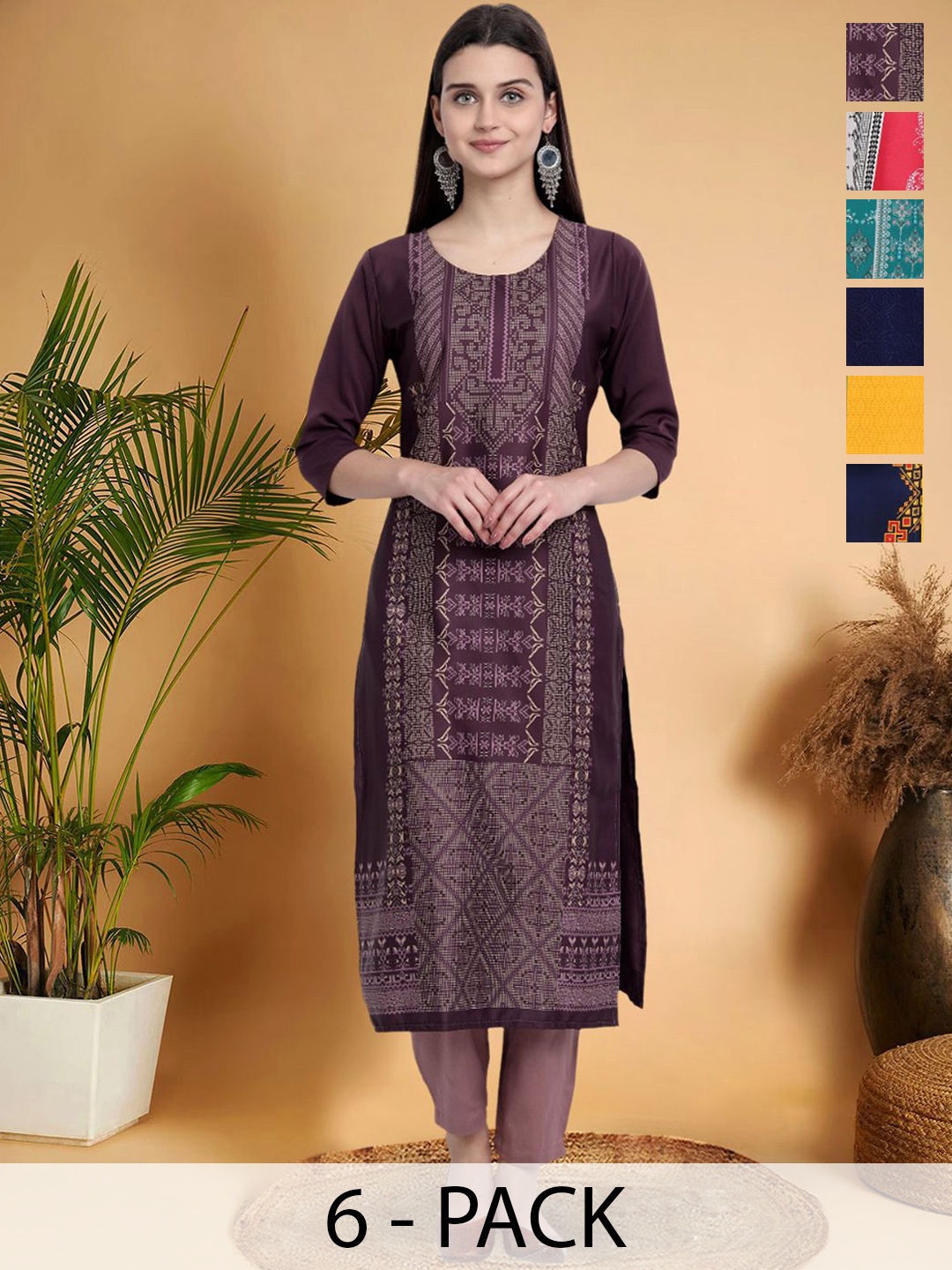 7Threads Selection Of 6 Ethnic Motifs Printed Round Neck Kurtas, Purple