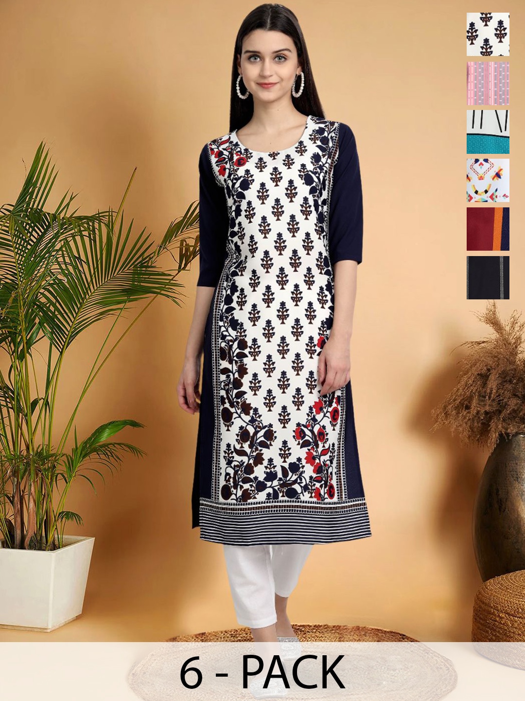 

7Threads Selection Of 6 Ethnic Motifs Printed Round Neck Kurtas, White