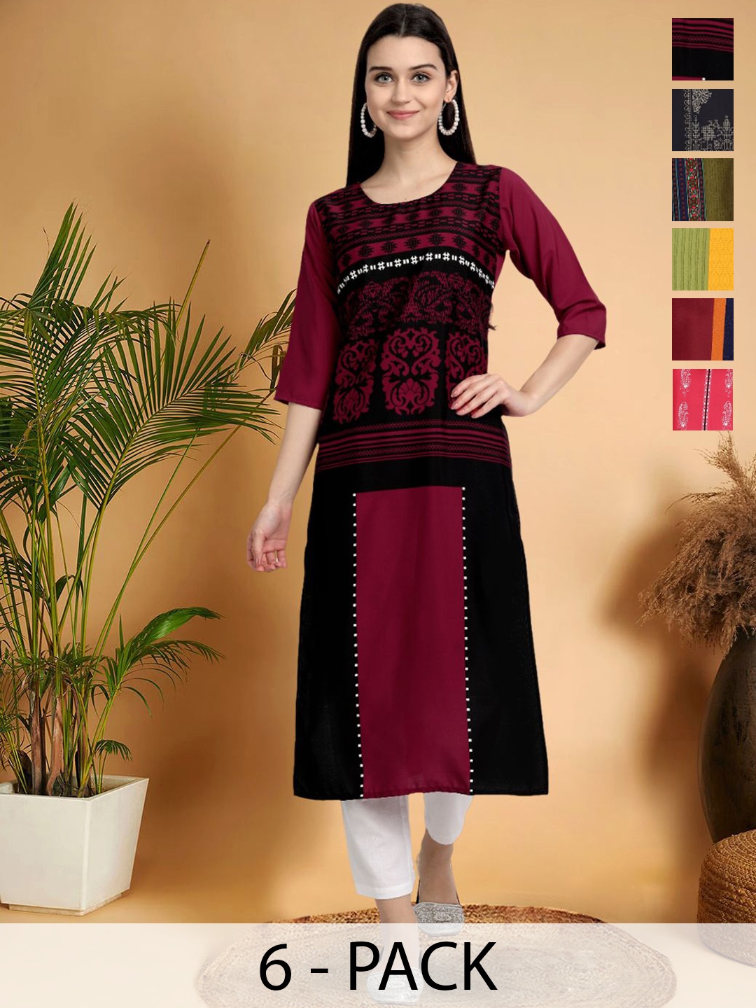 7Threads Selection Of 6 Ethnic Motifs Printed Round Neck Kurtas, Maroon