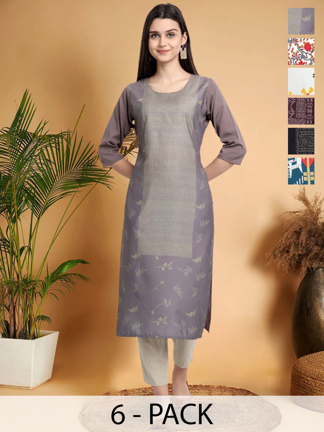 

7Threads Selection Of 6 Ethnic Motifs Printed Round Neck Kurtas, Black