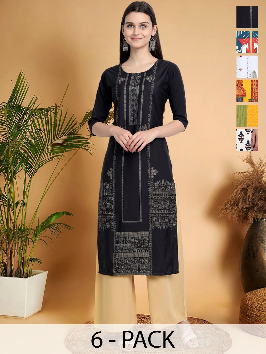 

7Threads Selection Of 6 Ethnic Motifs Printed Round Neck Kurtas, Black