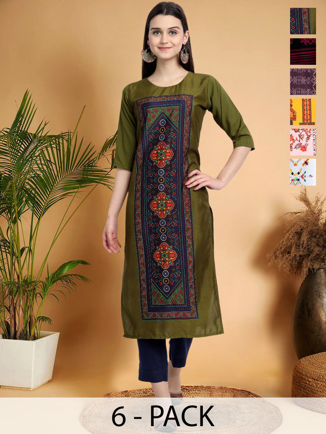 

7Threads Selection Of 6 Ethnic Motifs Printed Round Neck Kurtas, Green