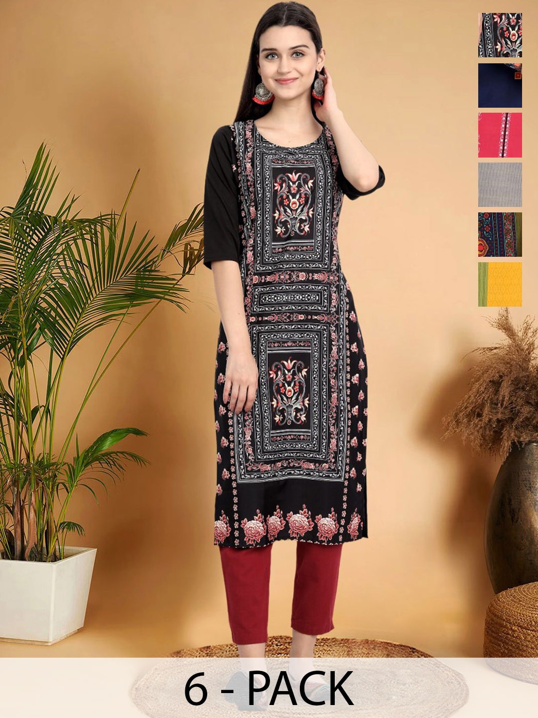 

7Threads Selection Of 6 Ethnic Motifs Printed Round Neck Kurtas, Black