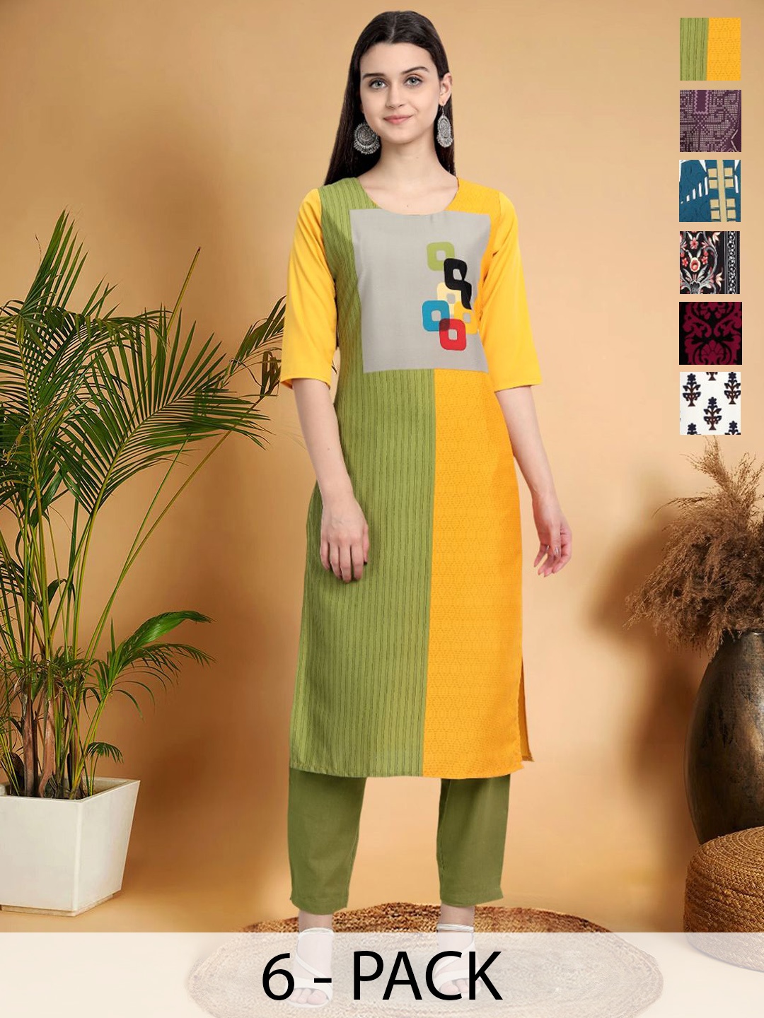 

7Threads Selection Of 6 Geometric Printed Round Neck Kurtas, Yellow
