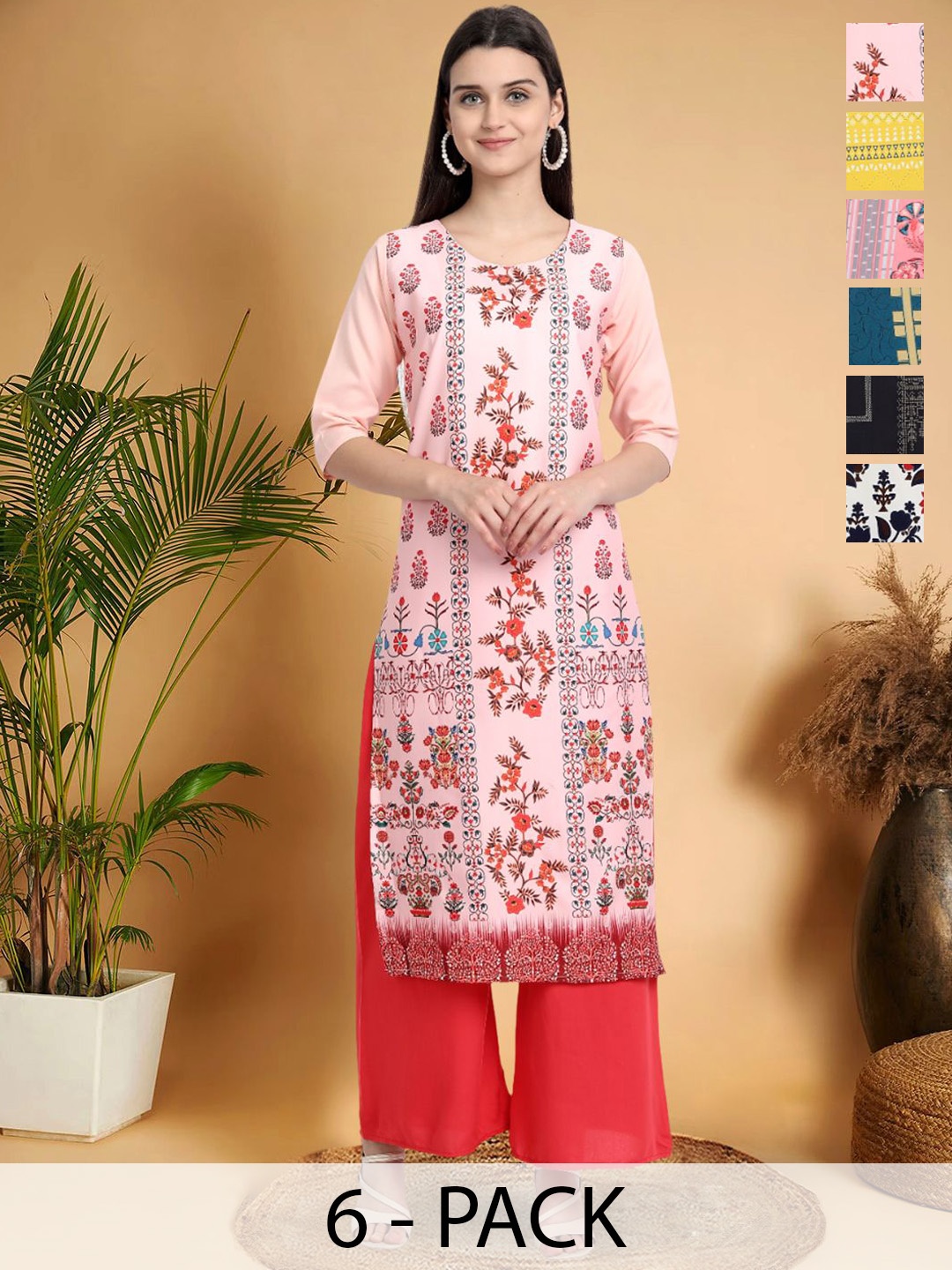 

7Threads Selection Of 6 Floral Printed Round Neck Kurtas, Pink