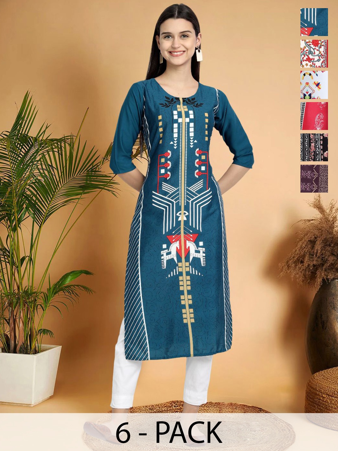 

7Threads Selection Of 6 Geometric Printed Round Neck Kurtas, Blue