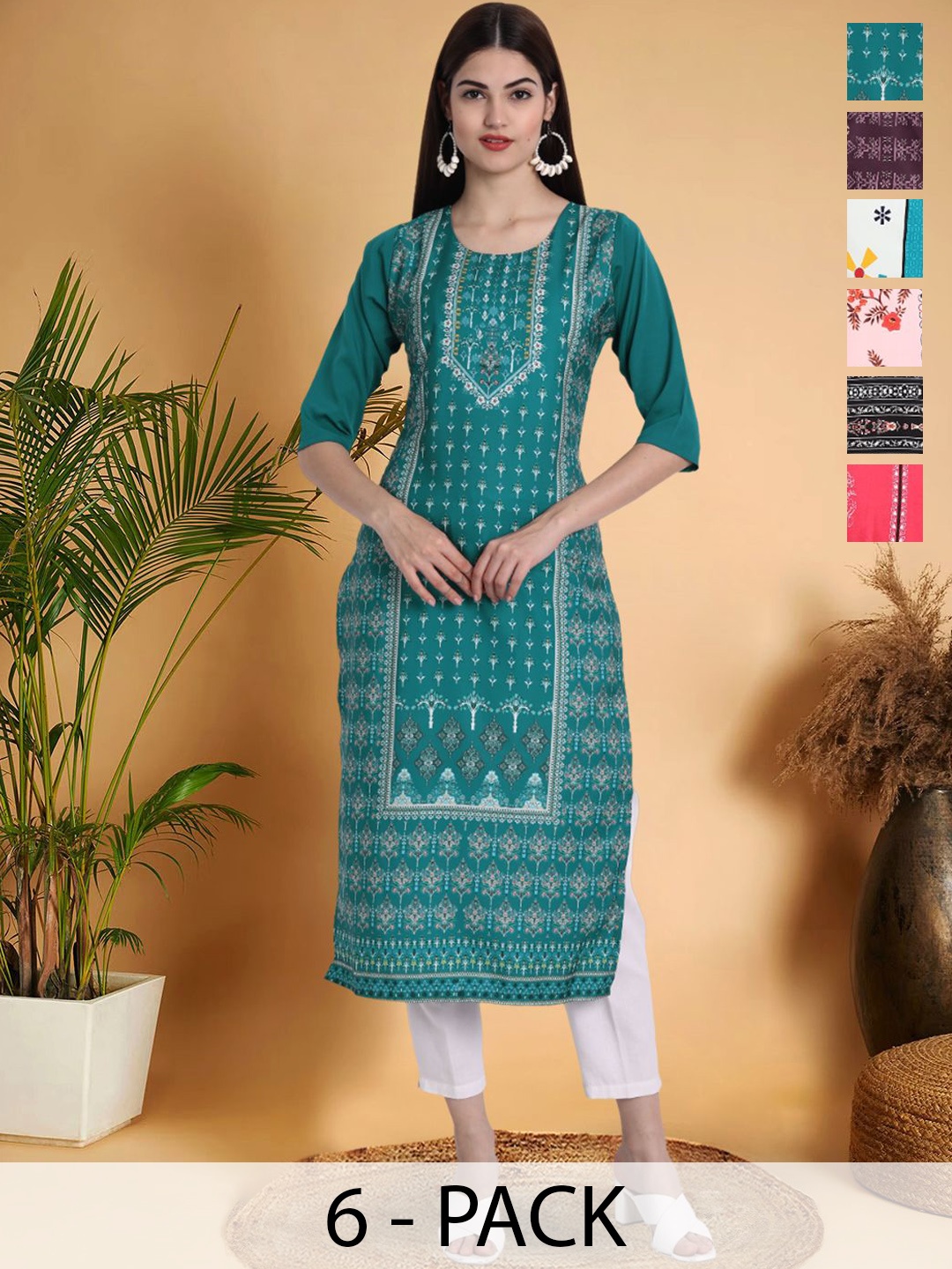 

7Threads Selection Of 6 Ethnic Motifs Printed Round Neck Kurtas, Teal
