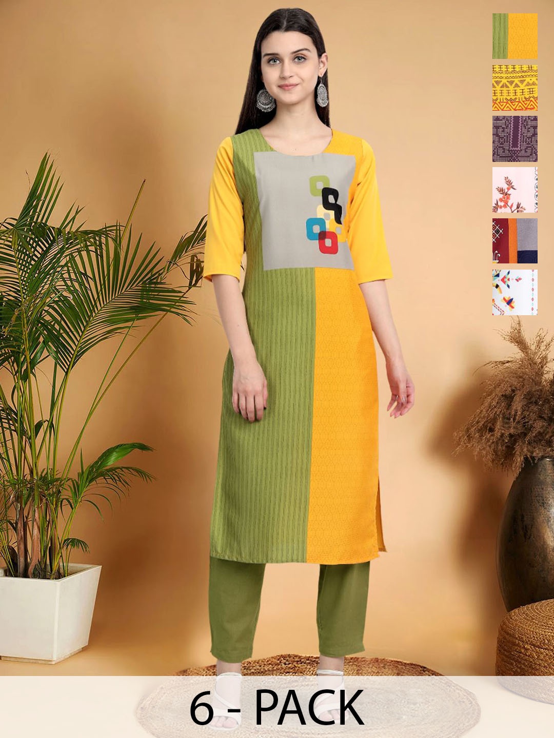 

7Threads Selection Of 6 Colourblocked Printed Round Neck Kurtas, Yellow