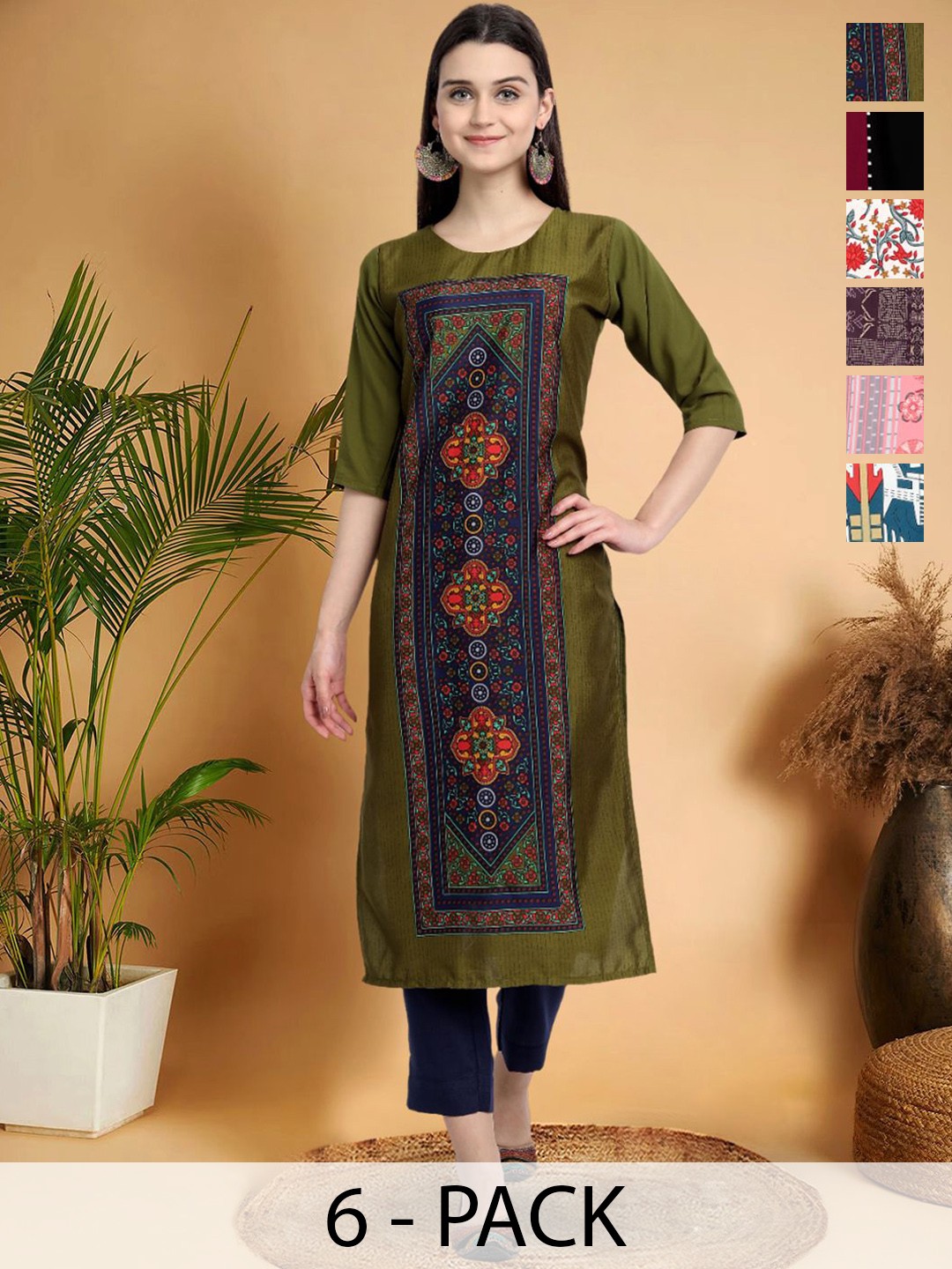 

7Threads Selection Of 6 Ethnic Motifs Printed Round Neck Kurtas, Green