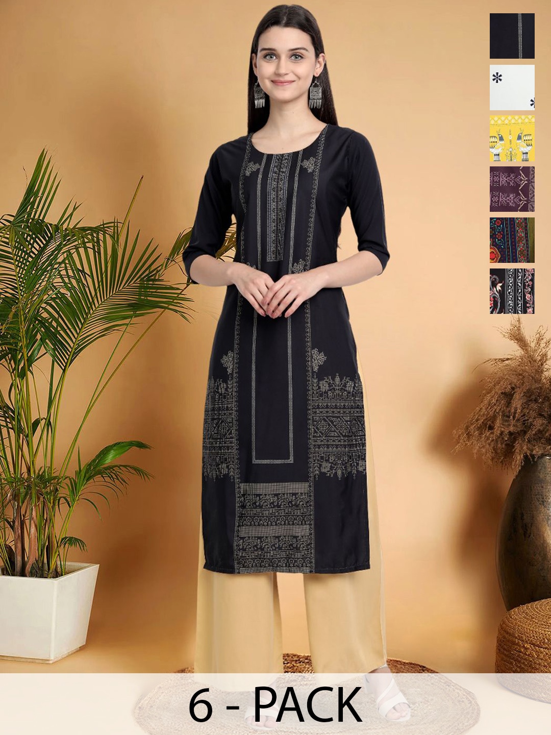 

7Threads Selection Of 6 Ethnic Motifs Printed Round Neck Kurtas, Black