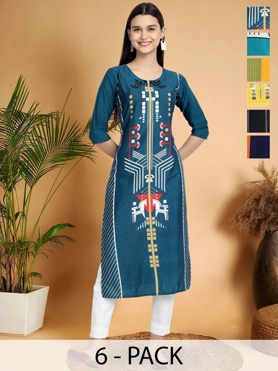 7Threads Selection Of 6 Geometric Printed Round Neck Kurtas, Teal