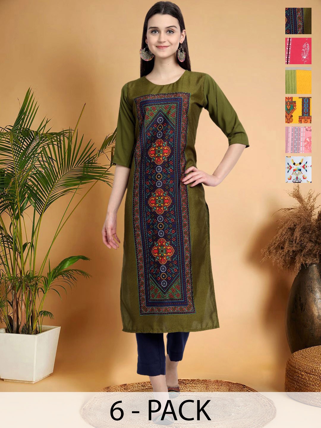 

7Threads Selection Of 6 Ethnic Motifs Printed Round Neck Kurtas, Green