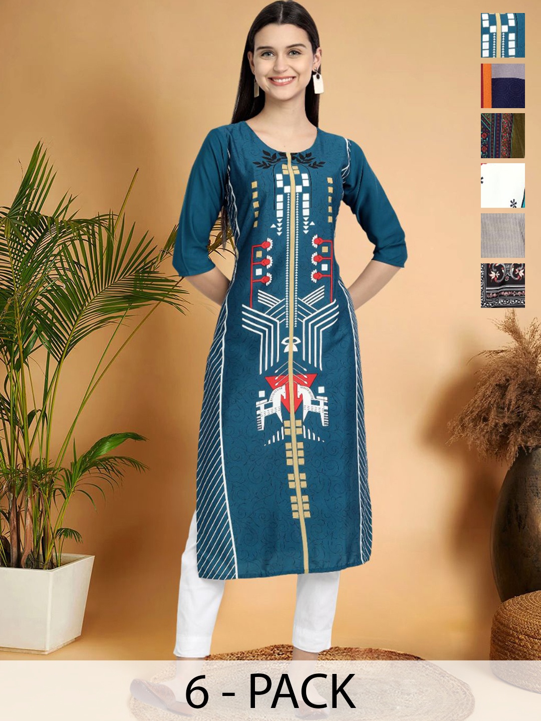 

7Threads Selection Of 6 Ethnic Motifs Printed Round Neck Straight Kurtas, Blue