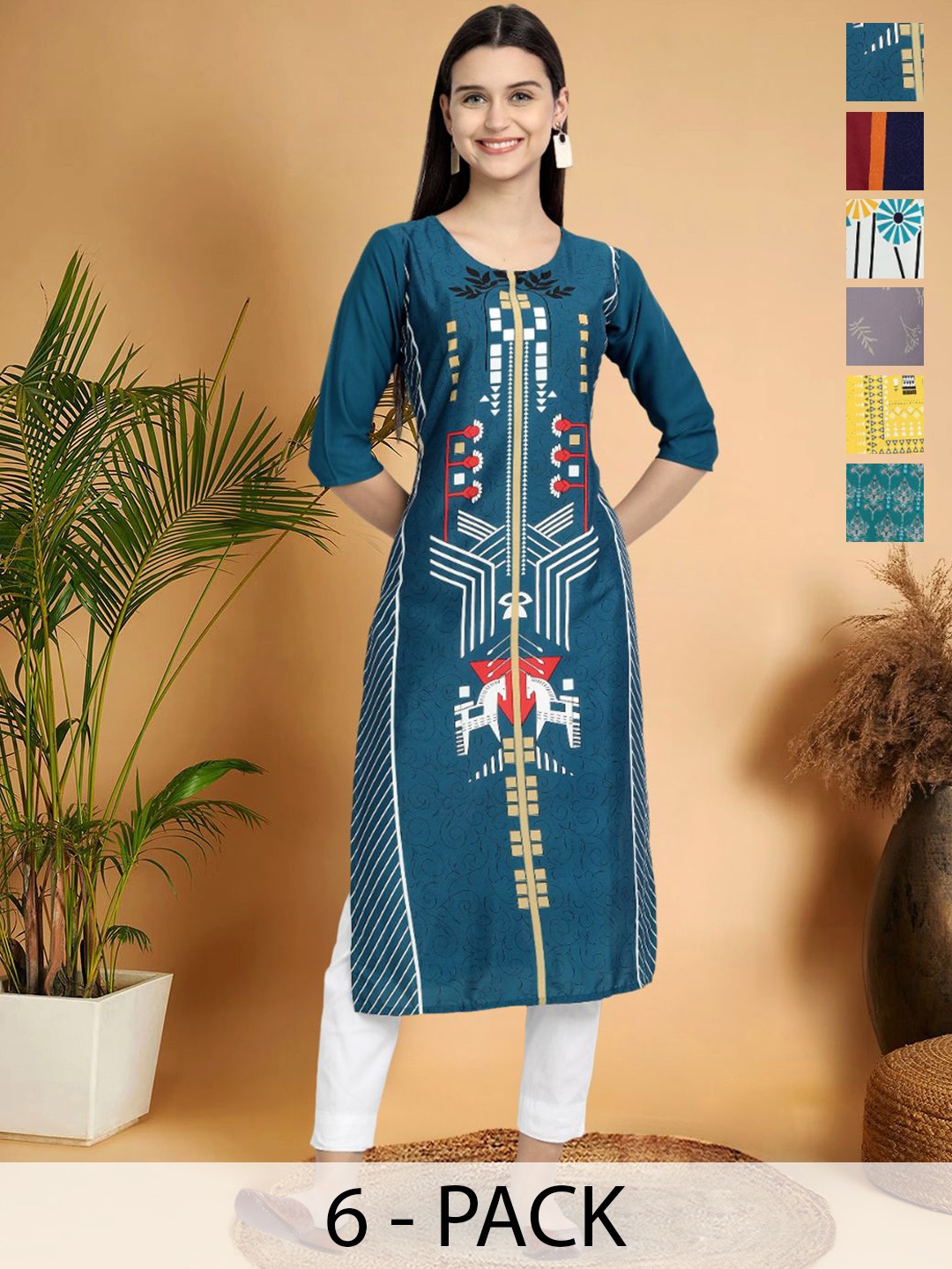 

7Threads Selection Of 6 Ethnic Motifs Printed Round Neck Straight Kurtas, Blue