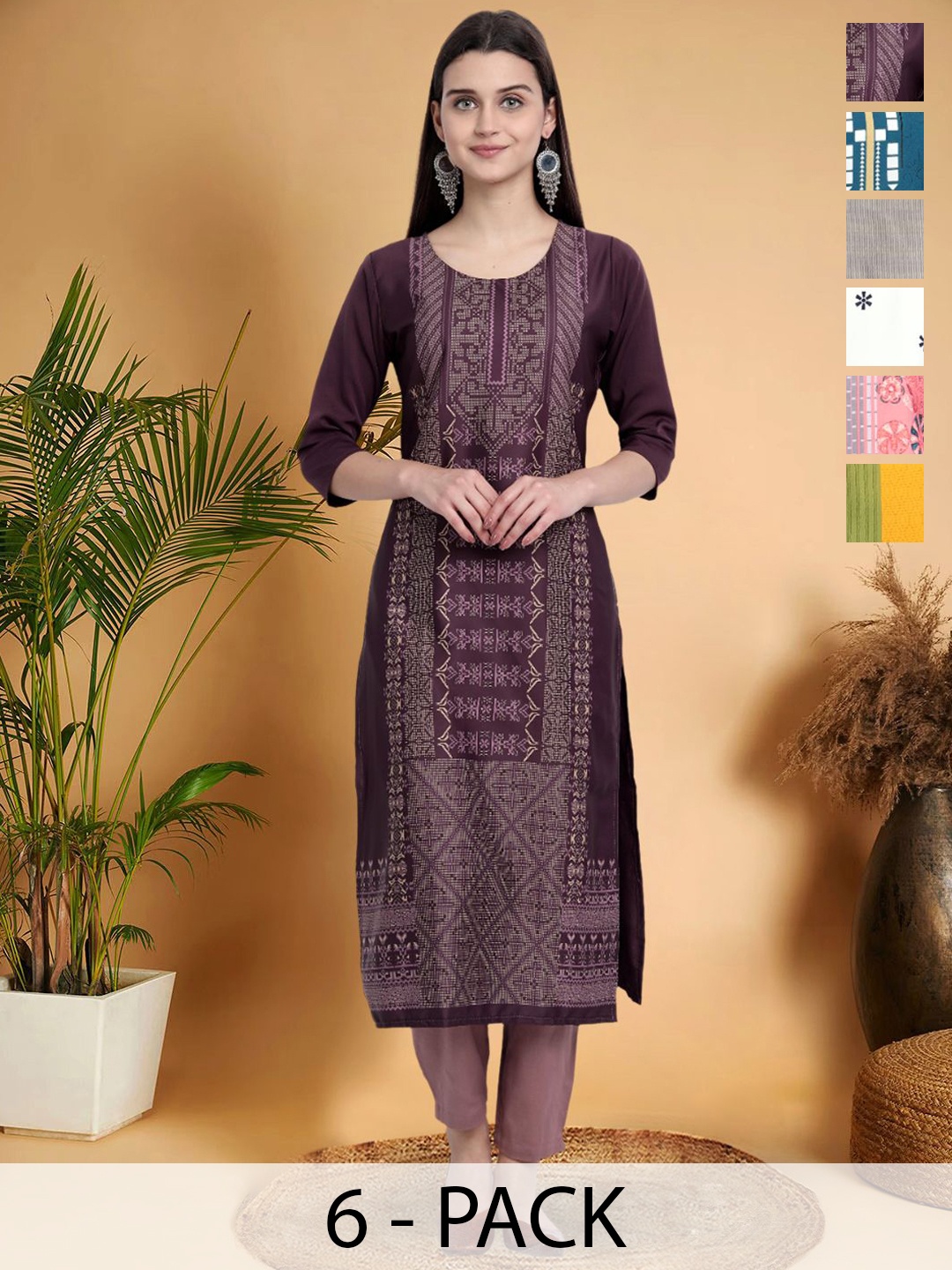 7Threads Selection Of 6 Ethnic Motifs Printed Round Neck Straight Kurtas, Purple