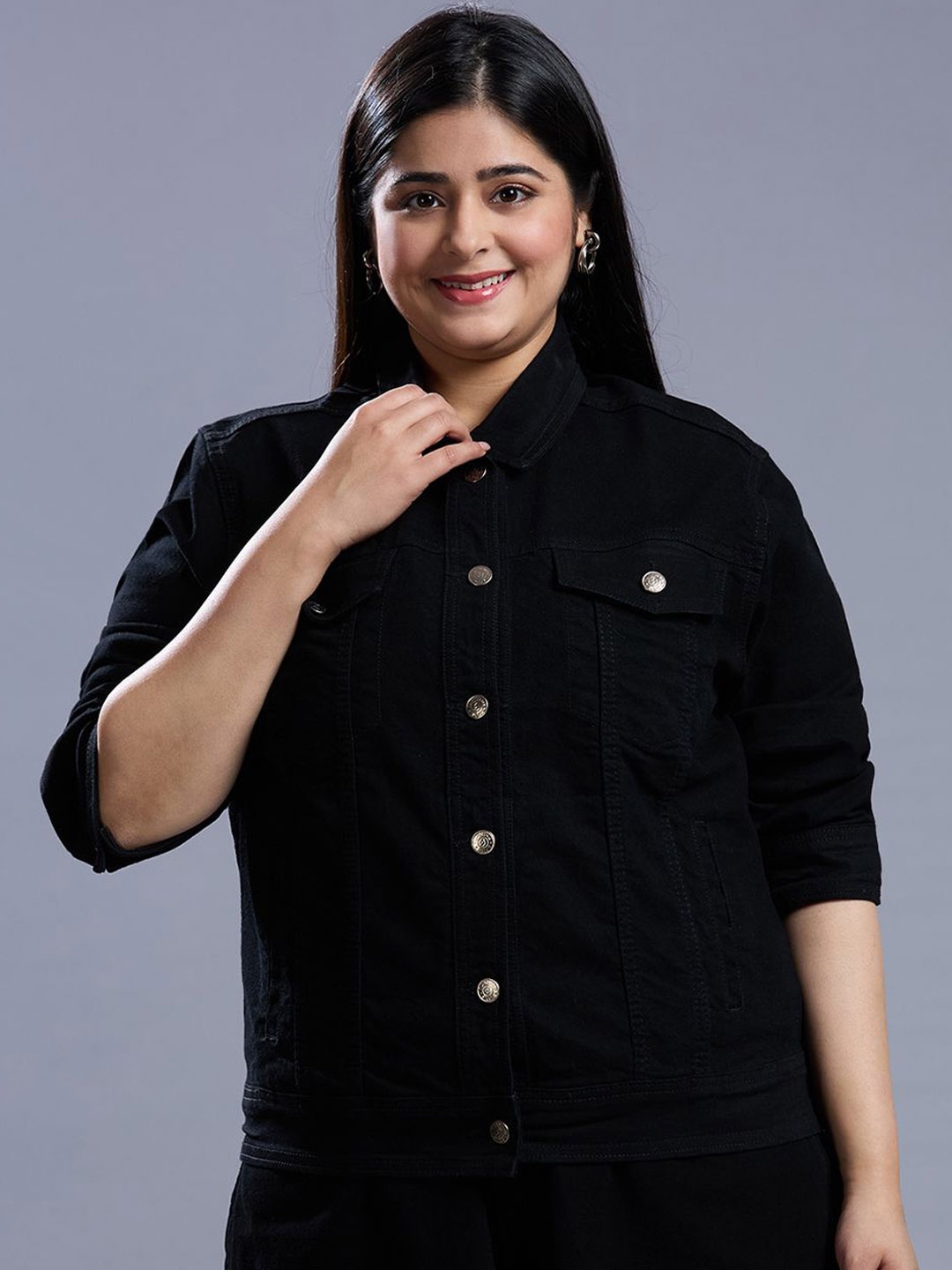 

Turning Blue Women Spread Collar Solid Cotton Casual Denim Jacket, Black