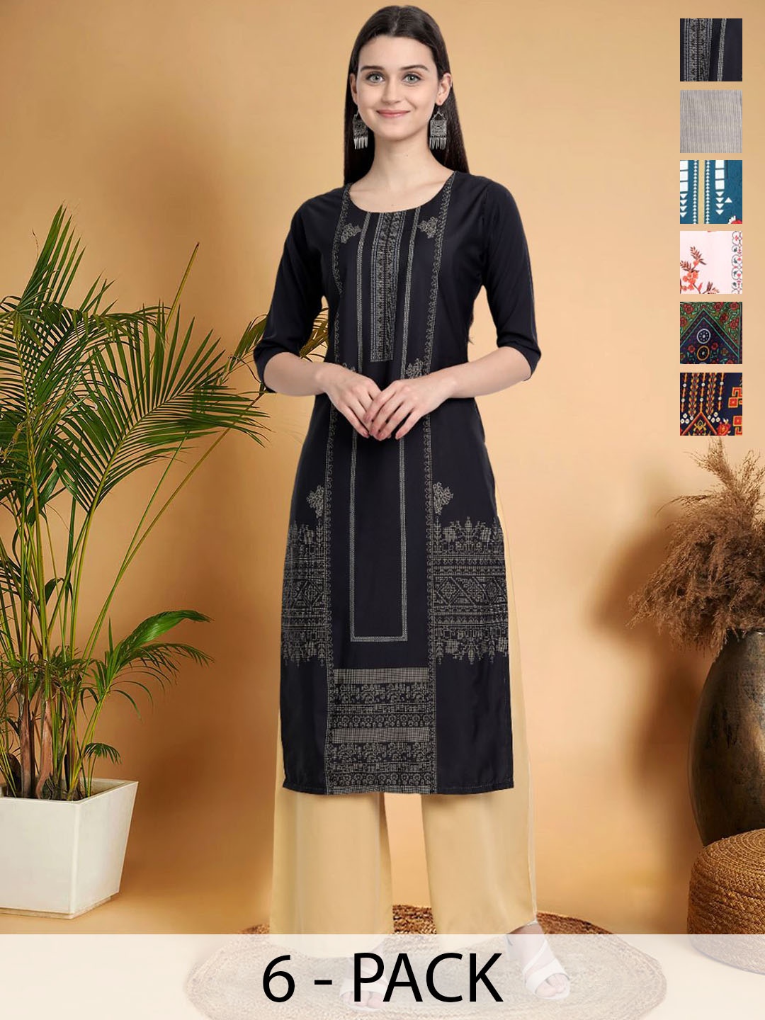 

7Threads Selection Of 6 Ethnic Motifs Printed Round Neck Straight Kurtas, Black