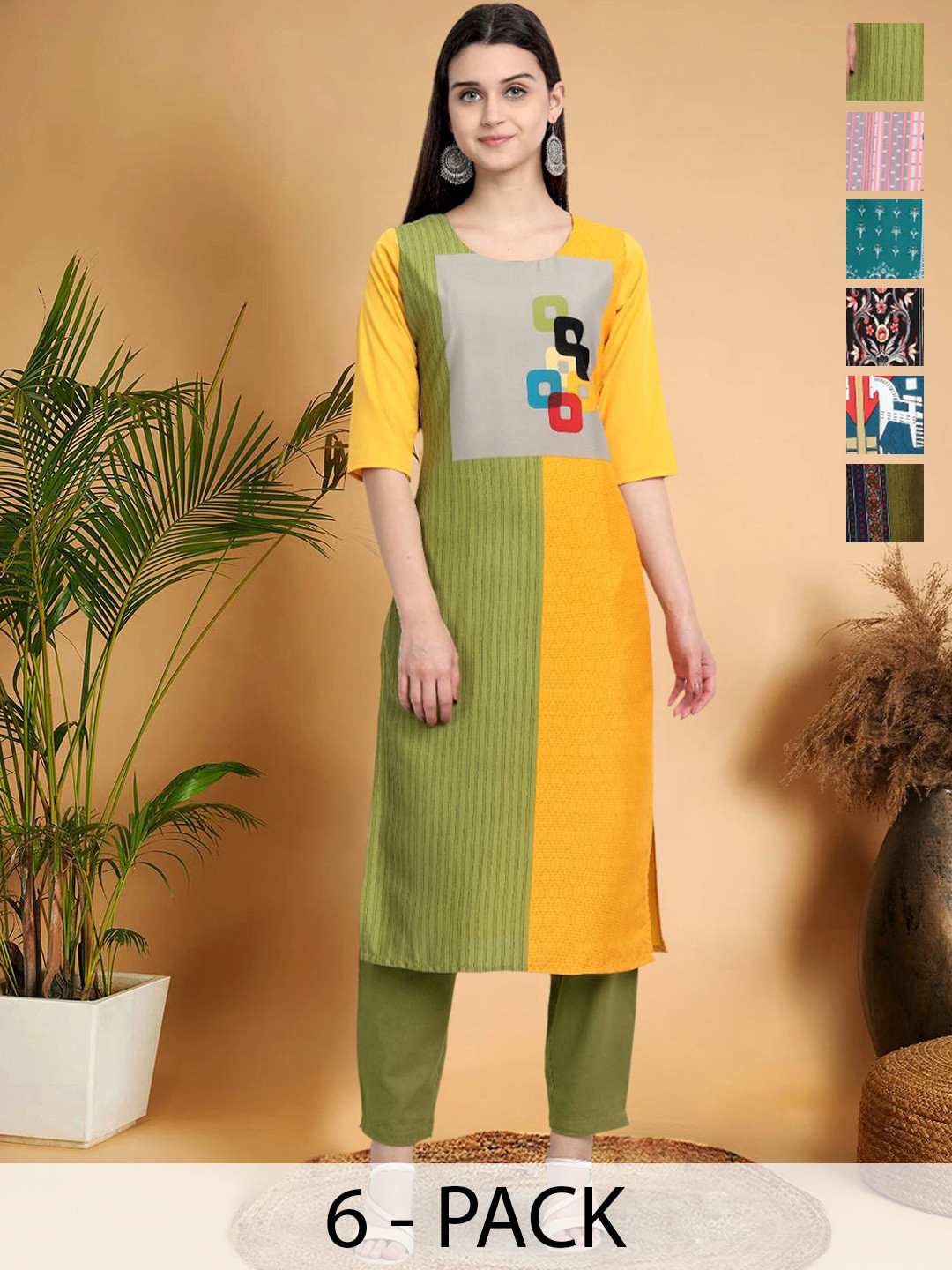 

7Threads Selection Of 6 Colourblocked Round Neck Straight Kurtas, Green