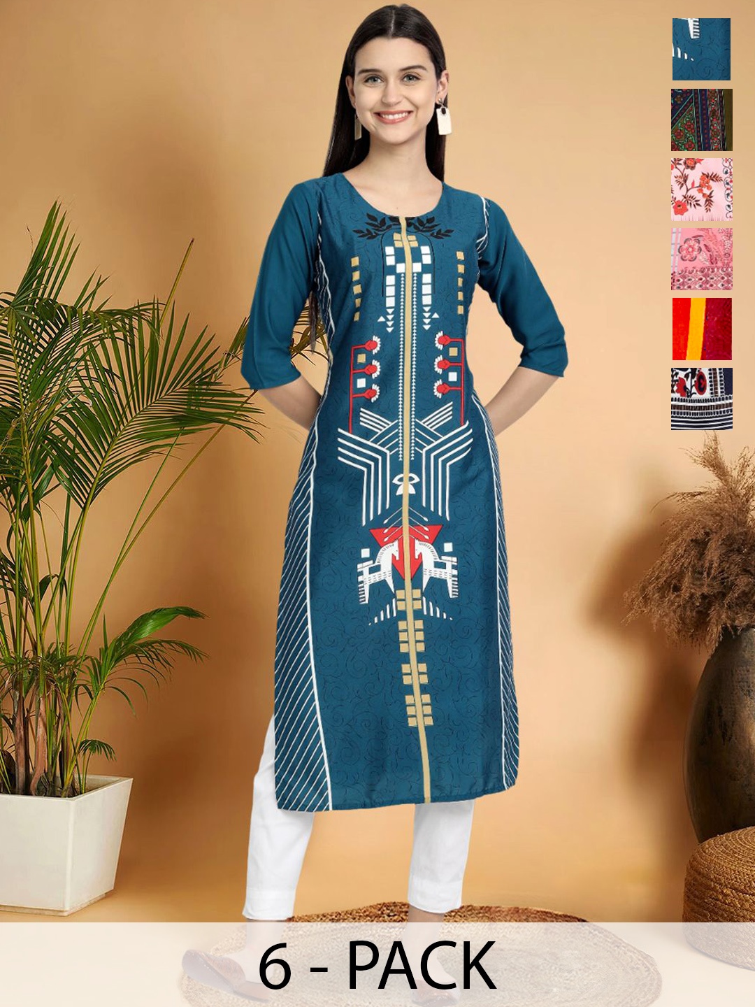 7Threads Selection Of 6 Geometric Printed Round Neck Straight Kurtas, Teal