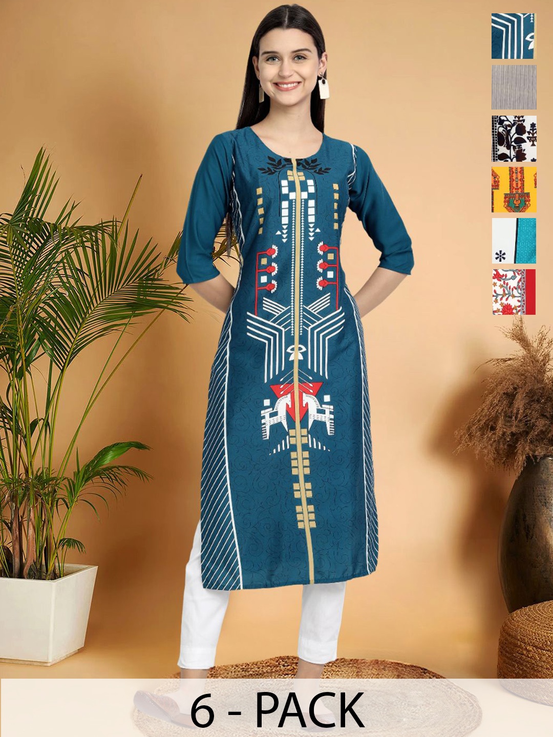 

7Threads Selection Of 6 Geometric Printed Round Neck Straight Kurtas, Teal