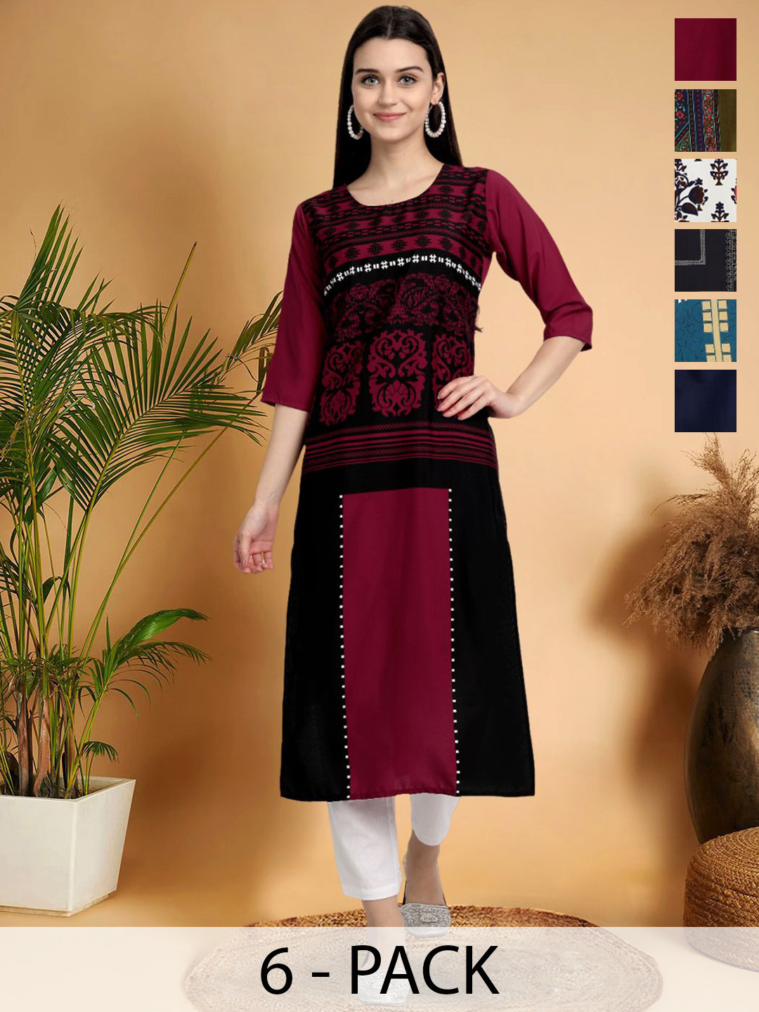 

7Threads Selection Of 6 Ethnic Motifs Printed Round Neck Straight Kurtas, Maroon