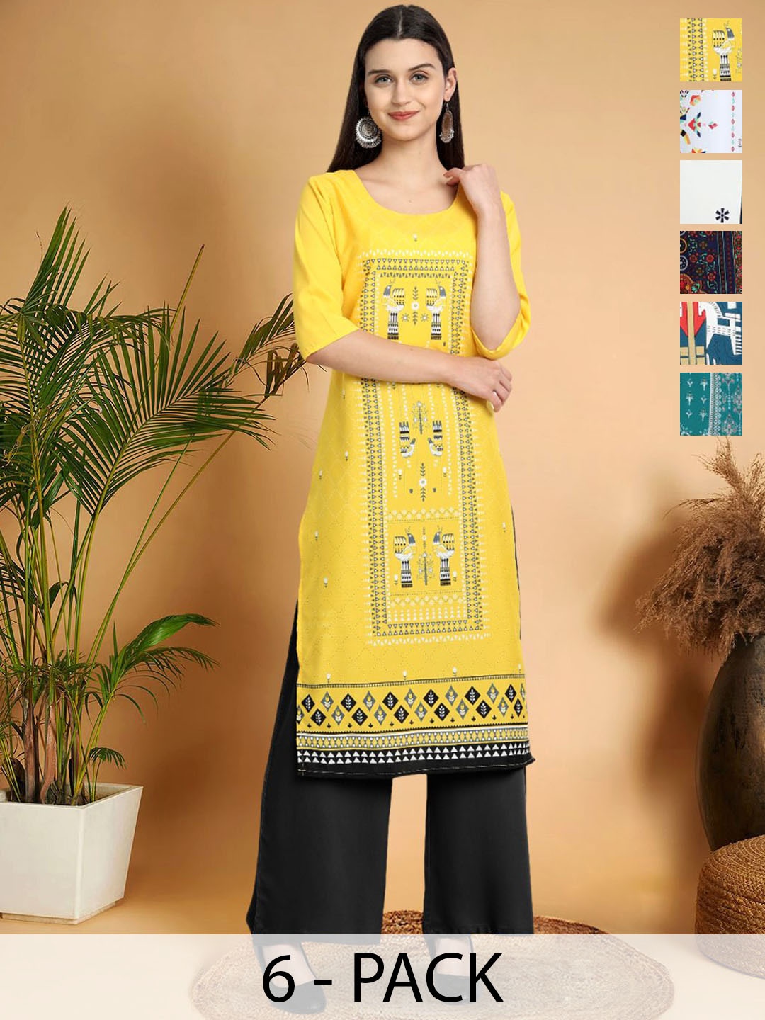 

7Threads Selection Of 6 Ethnic Motifs Printed Round Neck Straight Kurtas, Yellow