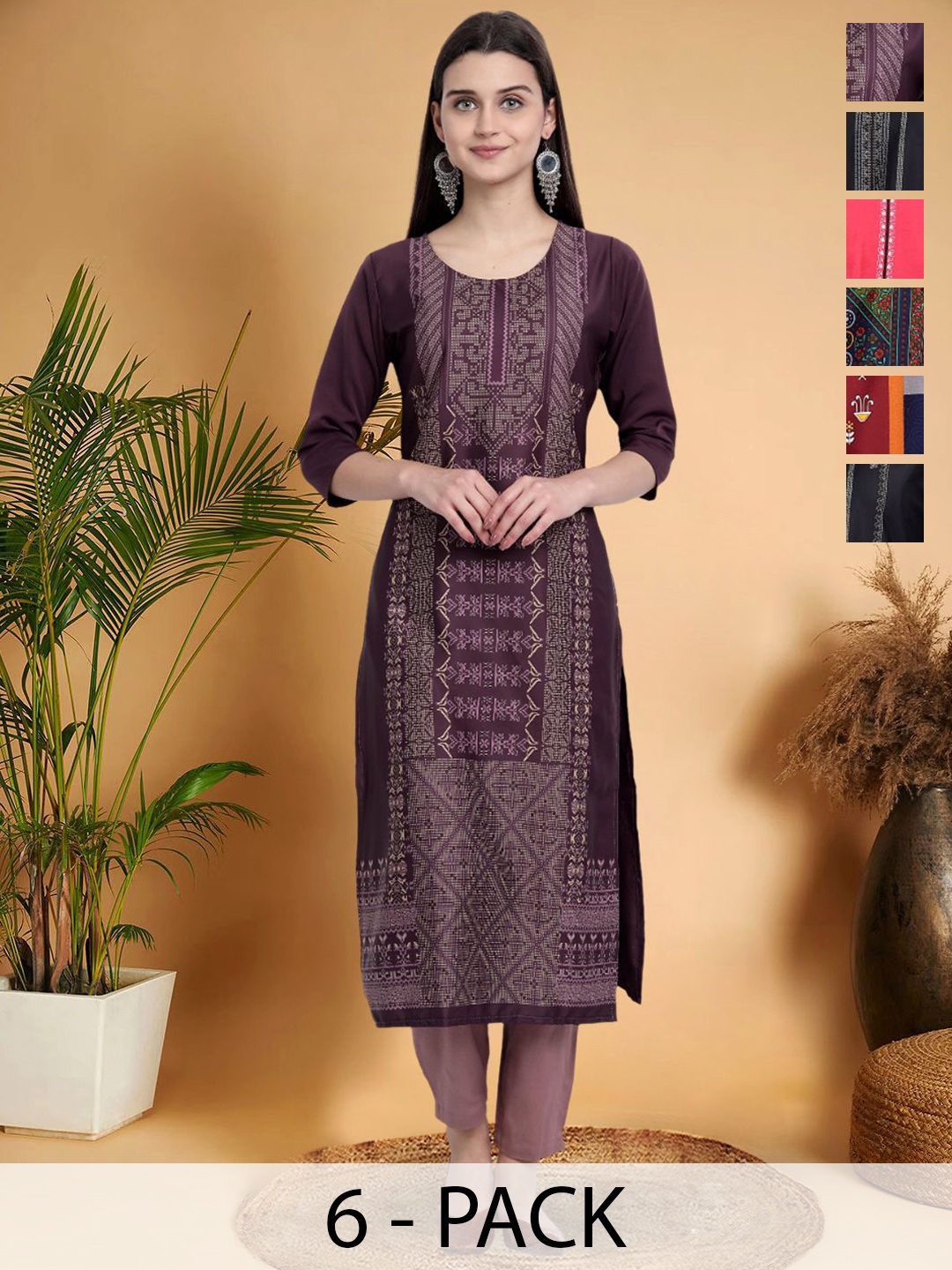

7Threads Selection Of 6 Ethnic Motifs Printed Round Neck Straight Kurtas, Purple