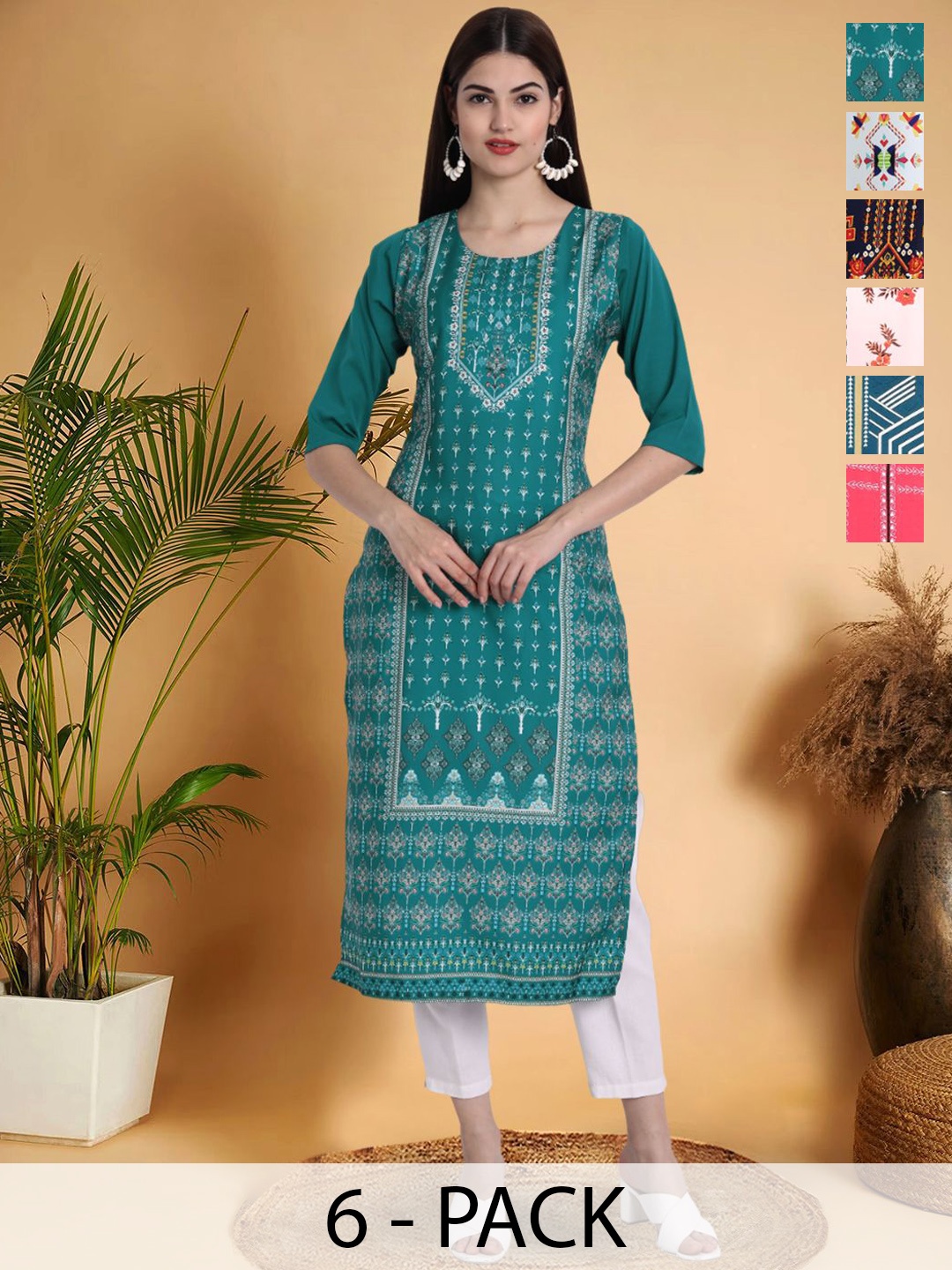 

7Threads Selection Of 6 Ethnic Motifs Printed Round Neck Straight Kurtas, Teal